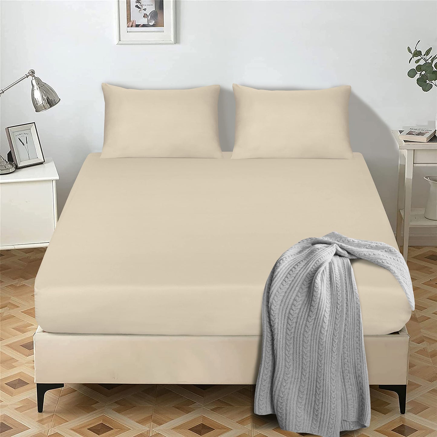 Fitted Sheet 25 cm Deep Brushed Microfiber Ultra Soft No-Iron Wrinkle-Resistant Plain Dyed Fitted Bed Sheets Hypoallergenic Breathable Sheets