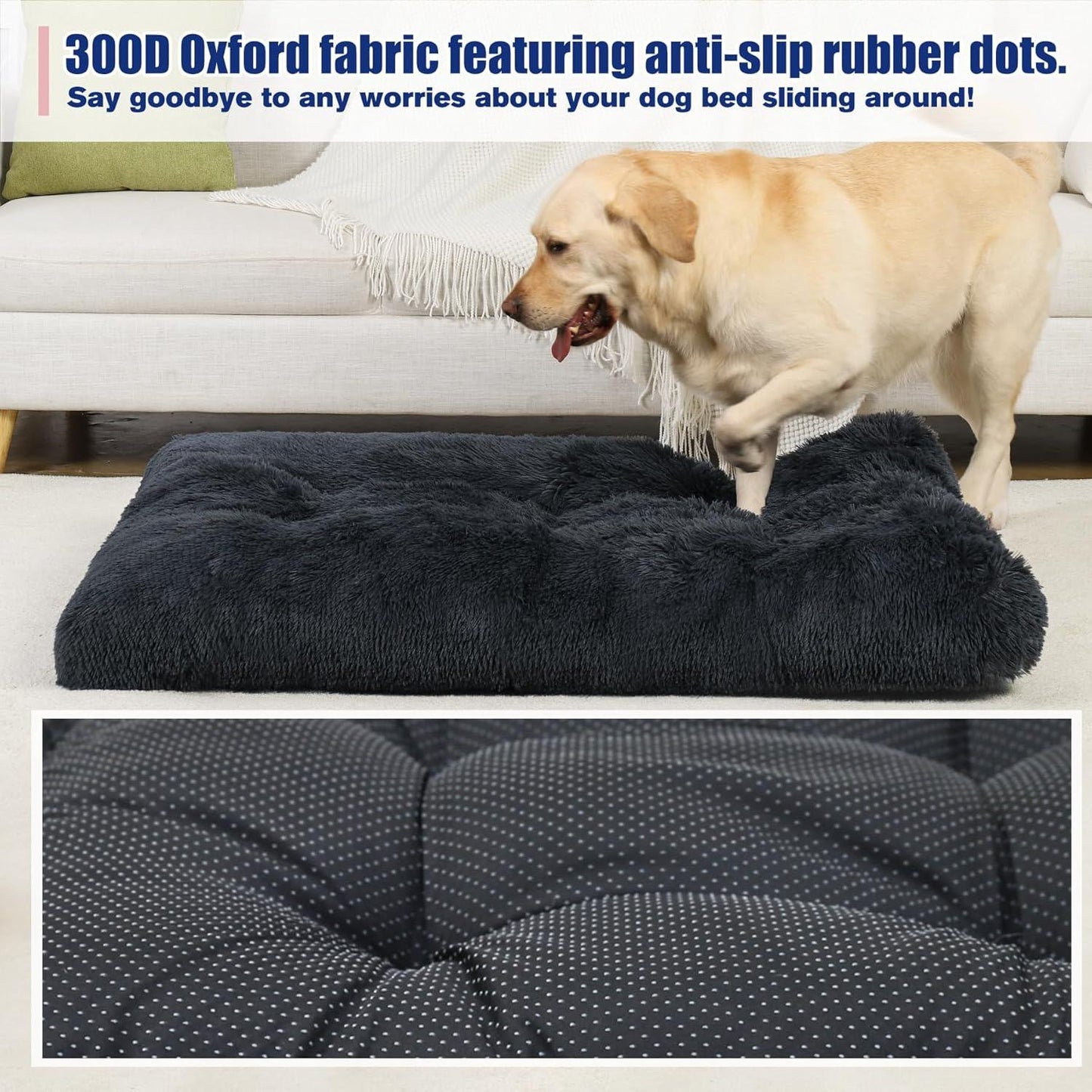 KSIIA Large Dog Bed Washable, Calming Dog Bed, Dog Crate Mattress with Non skid Bottom, Fluffy Anti Anxiety Dog Beds, Pet Beds Pillow Cushion for Dog, Dark Grey, 90x60x8cm - Comfort Style