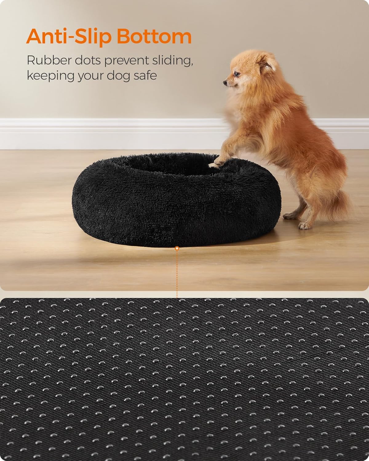Feandrea Dog Bed, Donut Cat Bed, Fluffy Calming Pet Bed with Removable, Washable Cover, Soft Long Plush, 50 cm, Grey - Comfort Style