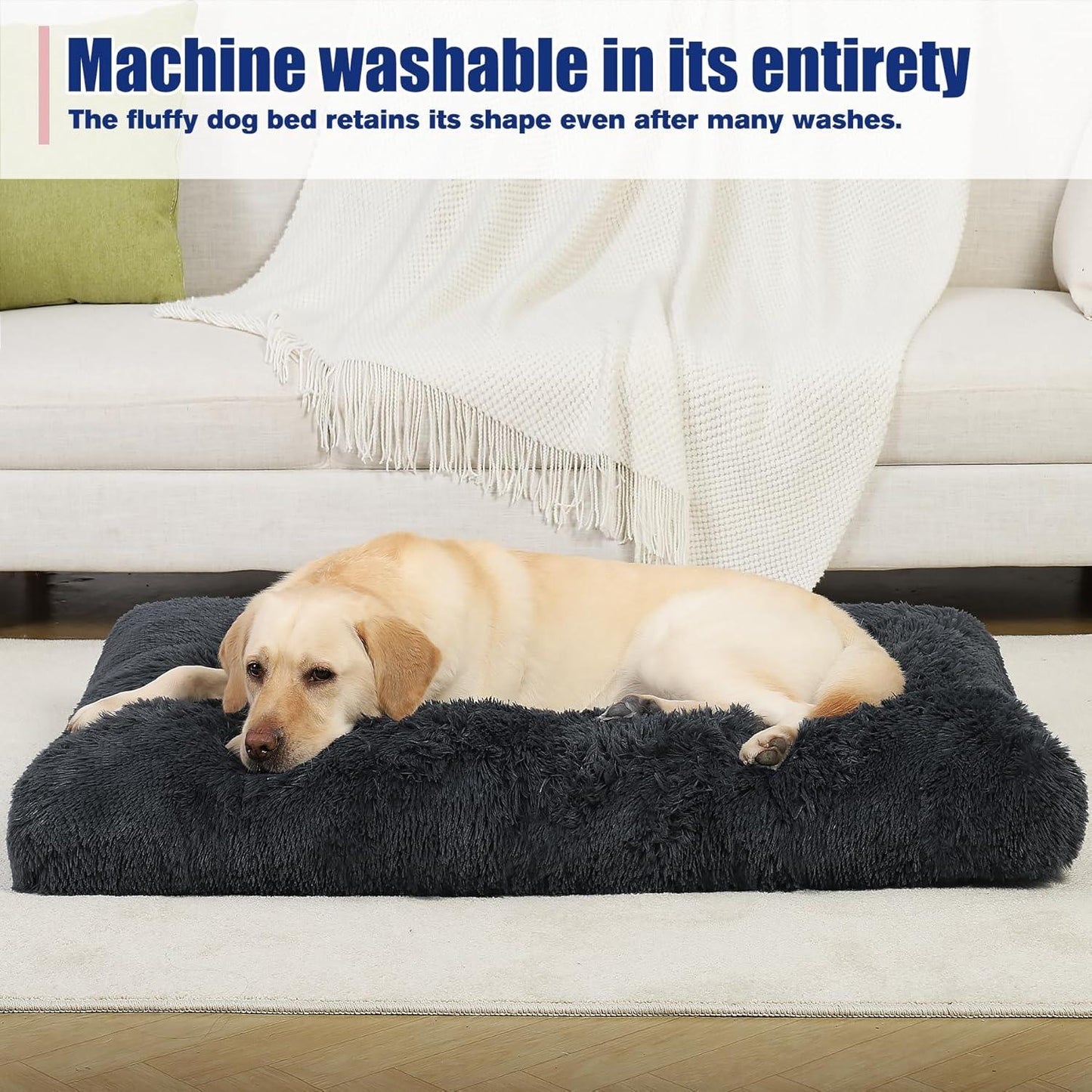 KSIIA Large Dog Bed Washable, Calming Dog Bed, Dog Crate Mattress with Non skid Bottom, Fluffy Anti Anxiety Dog Beds, Pet Beds Pillow Cushion for Dog, Dark Grey, 90x60x8cm - Comfort Style