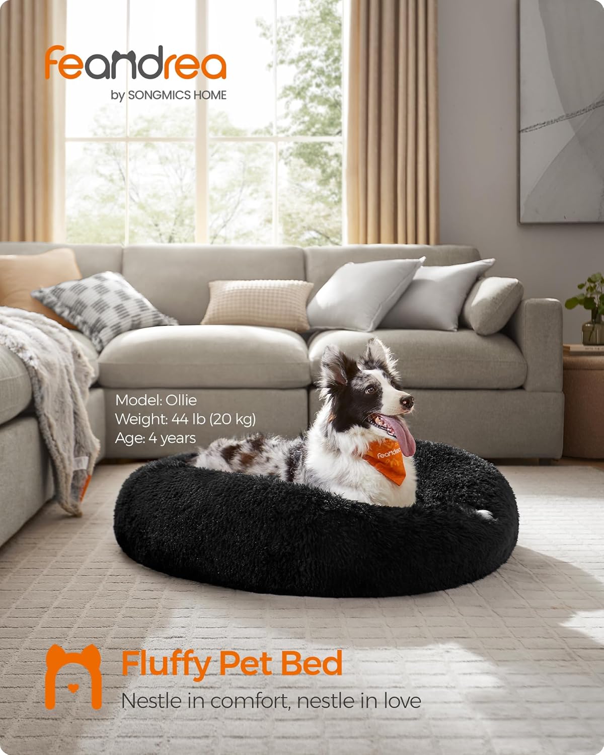 Feandrea Dog Bed, Donut Cat Bed, Fluffy Calming Pet Bed with Removable, Washable Cover, Soft Long Plush, 50 cm, Grey - Comfort Style