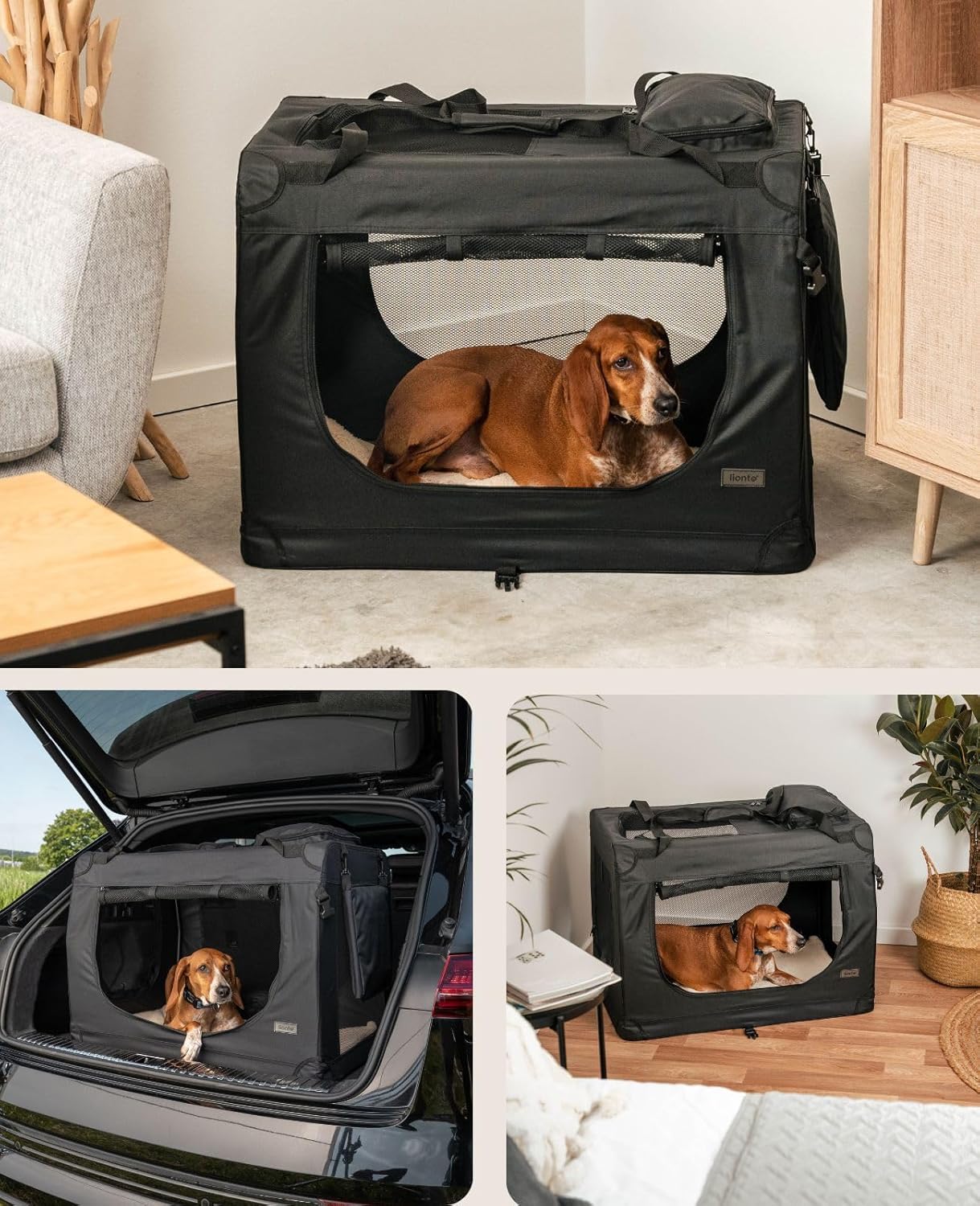 lionto Dog transport box foldable for travel & car, 50x34x36 cm, sturdy transport box with carrying handles & blanket for cats & dogs up to 10 kg, sturdy fabric dog box for small & large, beige - Comfort Style