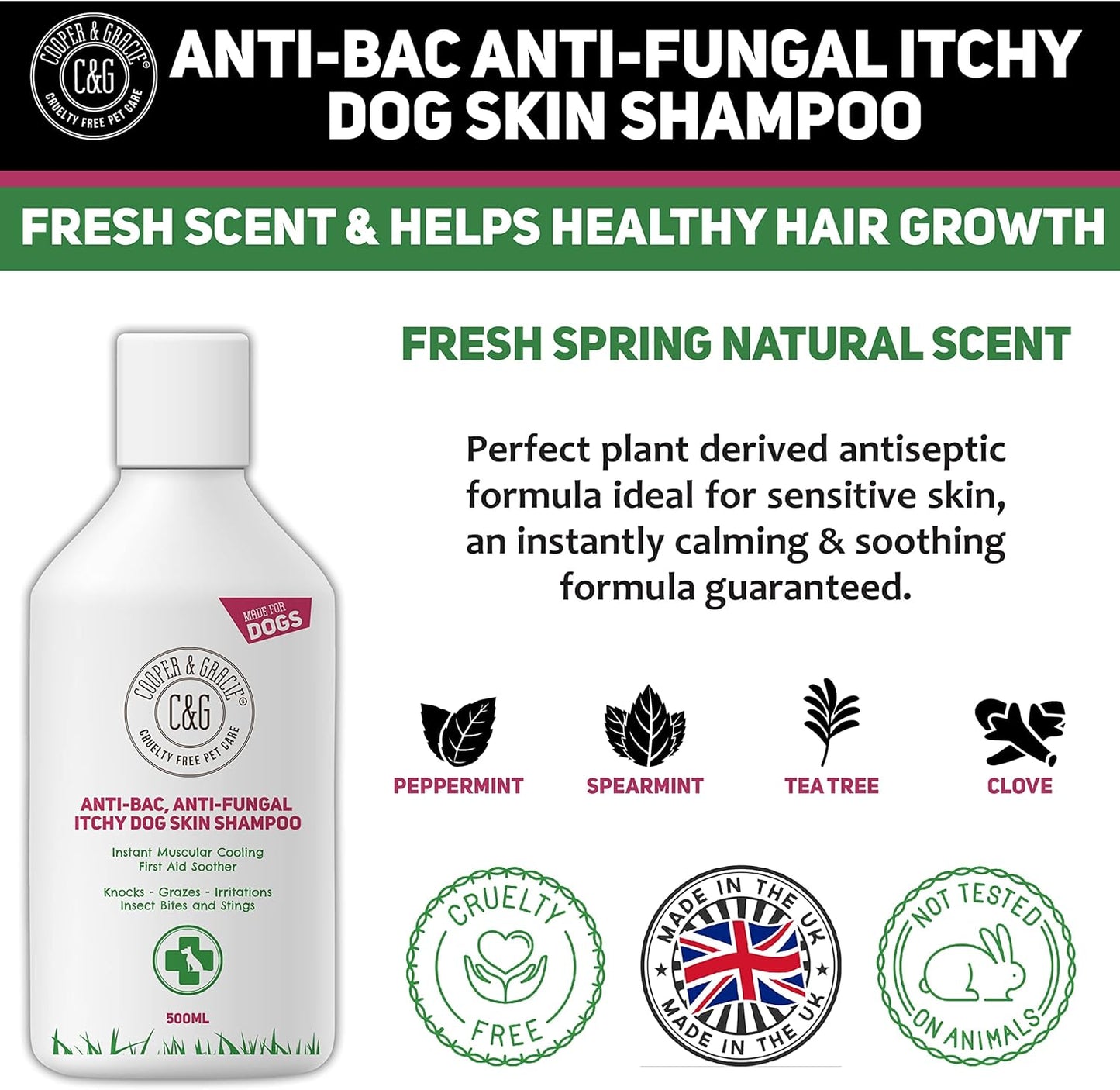 Dog Shampoo For Itchy skin Antibacterial And Antifungal | Natural Medicated Low Lather Safe Formula | Fast Absorbing and Skin Cooling First Aid | Great For Grazes Skin Irritation