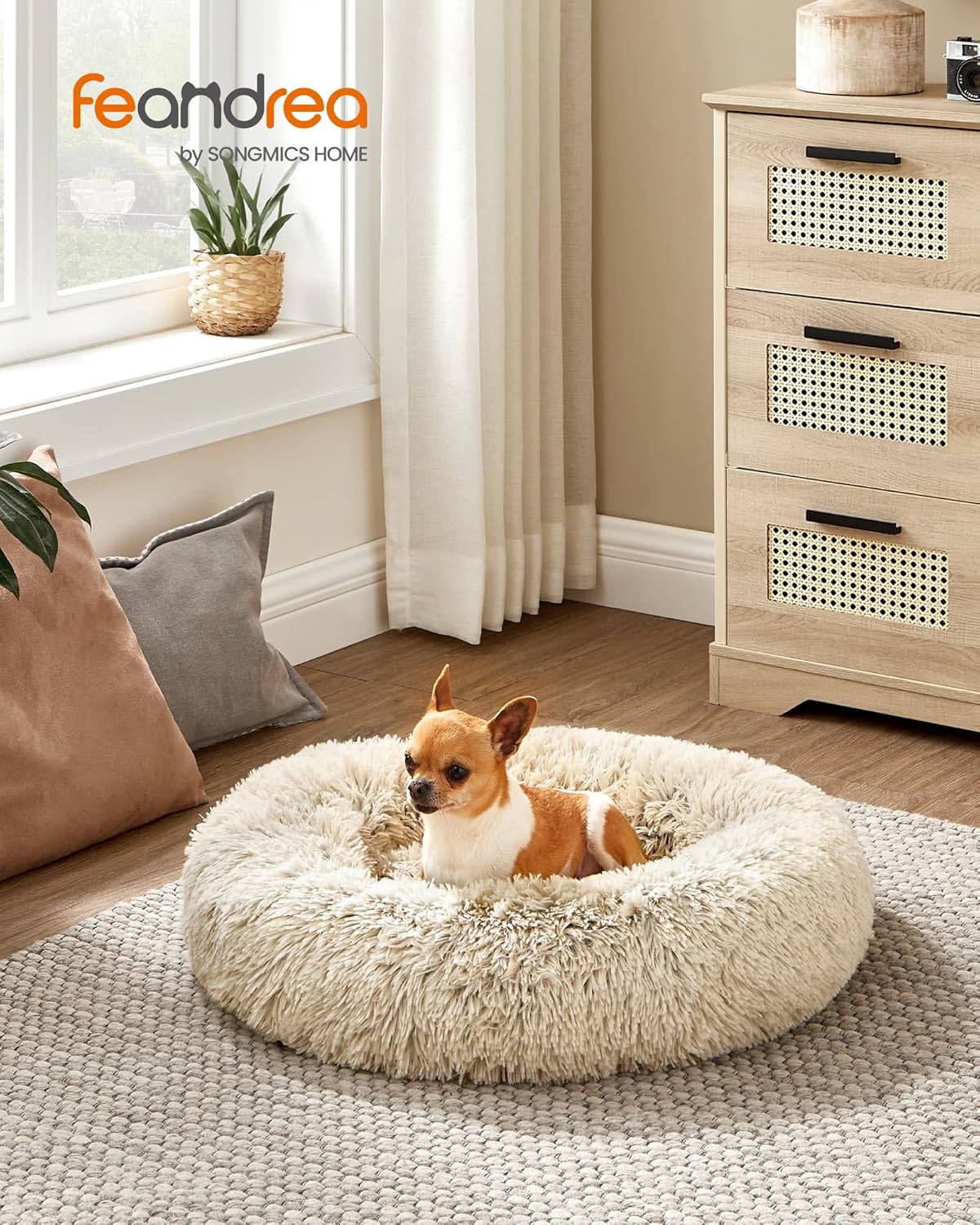 Feandrea Dog Bed, Donut Cat Bed, Fluffy Calming Pet Bed with Removable, Washable Cover, Soft Long Plush, 50 cm, Grey - Comfort Style