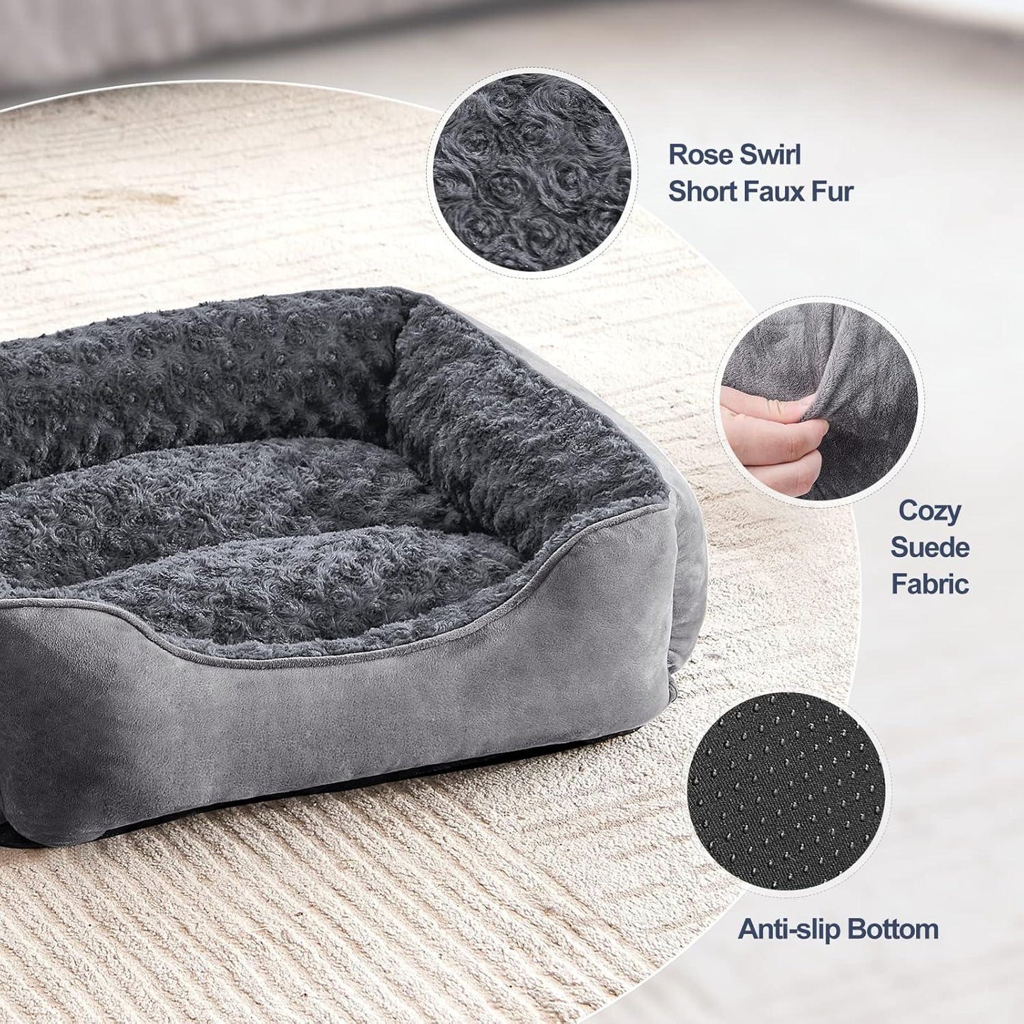 JOEJOY Dog Bed Medium - Washable Dog Bed Anti-Anxiety Dog Bed Soft Plush Dog Bed Rectangle Non-Slip Bottom Pet Bed - Small | Medium | Large Size Mattress Mat For Dog, Grey - Comfort Style