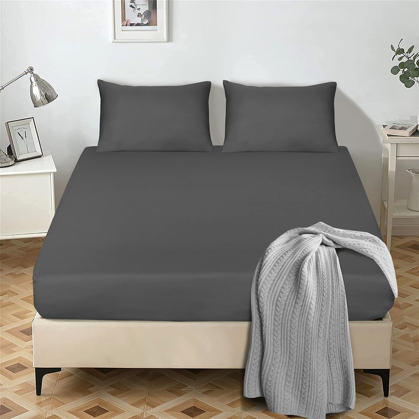 Fitted Sheet 25 cm Deep Brushed Microfiber Ultra Soft No-Iron Wrinkle-Resistant Plain Dyed Fitted Bed Sheets Hypoallergenic Breathable Sheets
