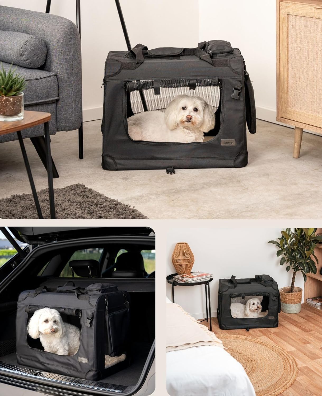 lionto Dog transport box foldable for travel & car, 50x34x36 cm, sturdy transport box with carrying handles & blanket for cats & dogs up to 10 kg, sturdy fabric dog box for small & large, beige - Comfort Style