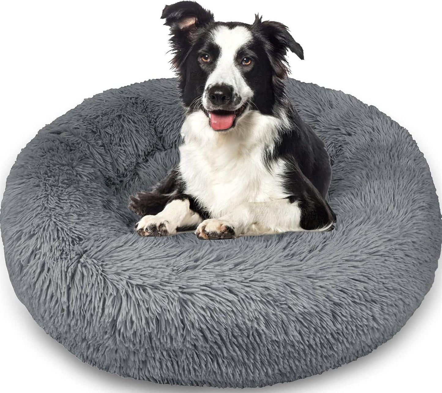 Enjamoy Plush Donut Dog Bed, Calming Round Dog Cat Bed Soft and Fluffy Cuddler Pet Cushion Self-Warming Puppy Beds Machine Washable, Grey 50cm - Comfort Style