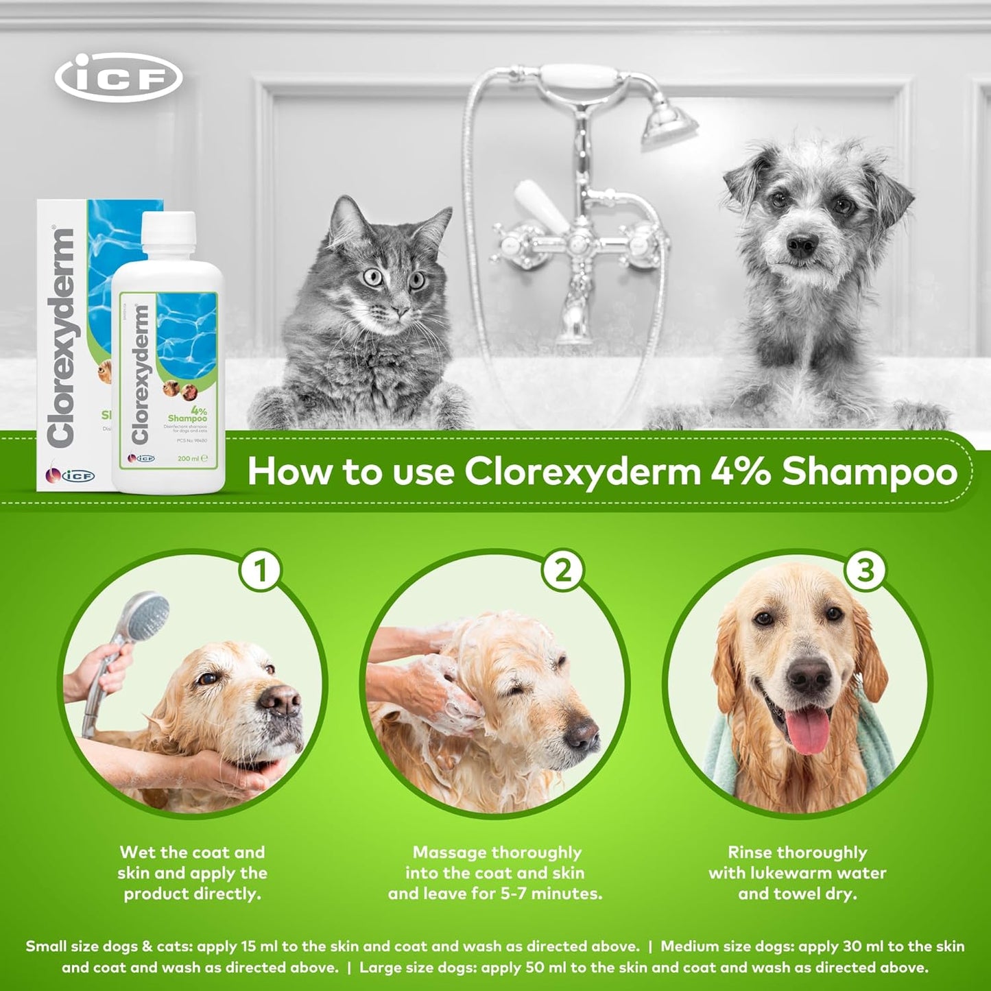 ICF | Clorexyderm 4% Dog Shampoo for Itchy Skin Relief | Anti Itch + Antifungal + Antibacterial Shampoo for Pets with Sensitive Skin 200ml