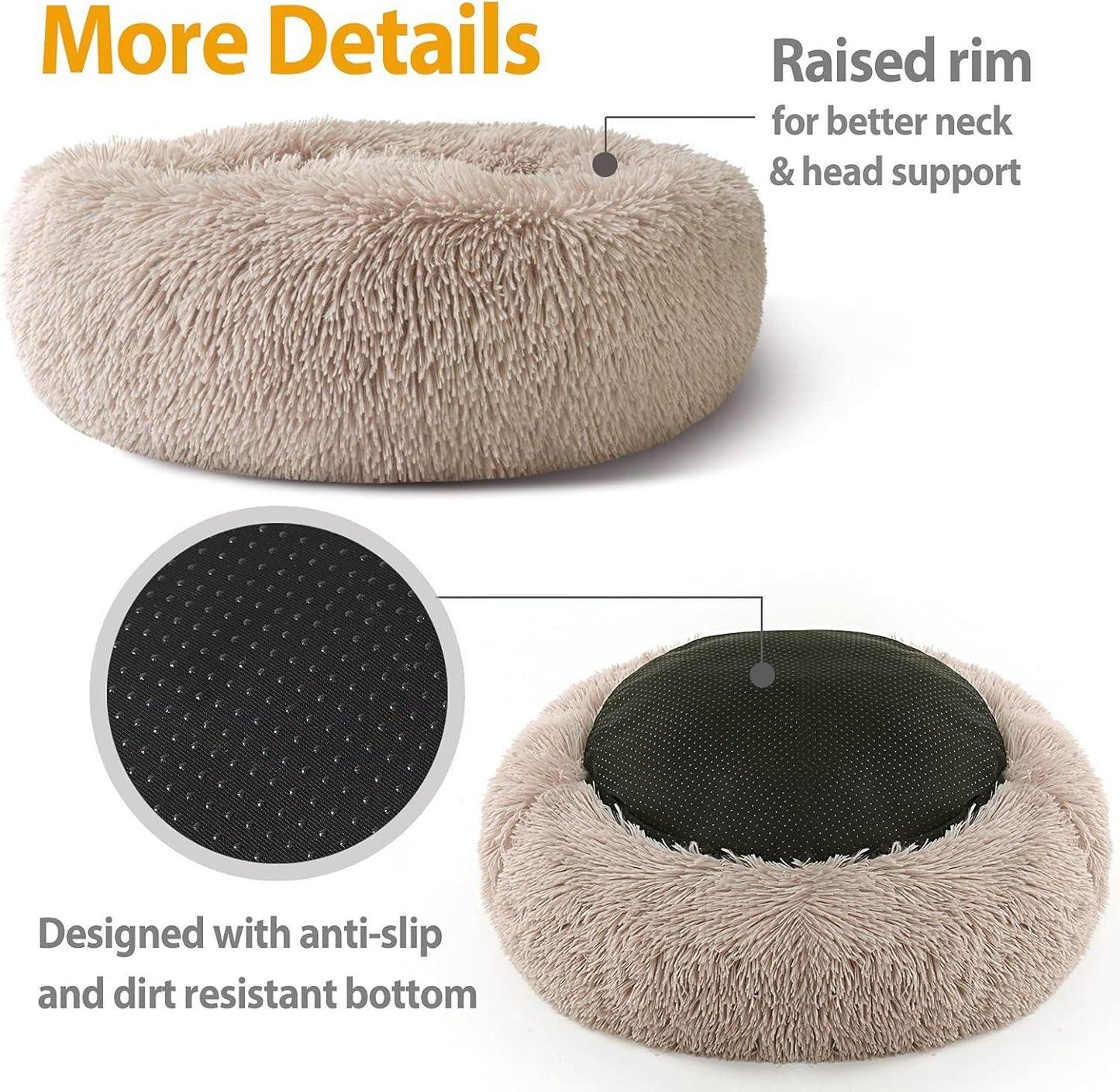 Enjamoy Plush Donut Dog Bed, Calming Round Dog Cat Bed Soft and Fluffy Cuddler Pet Cushion Self-Warming Puppy Beds Machine Washable, Grey 50cm - Comfort Style