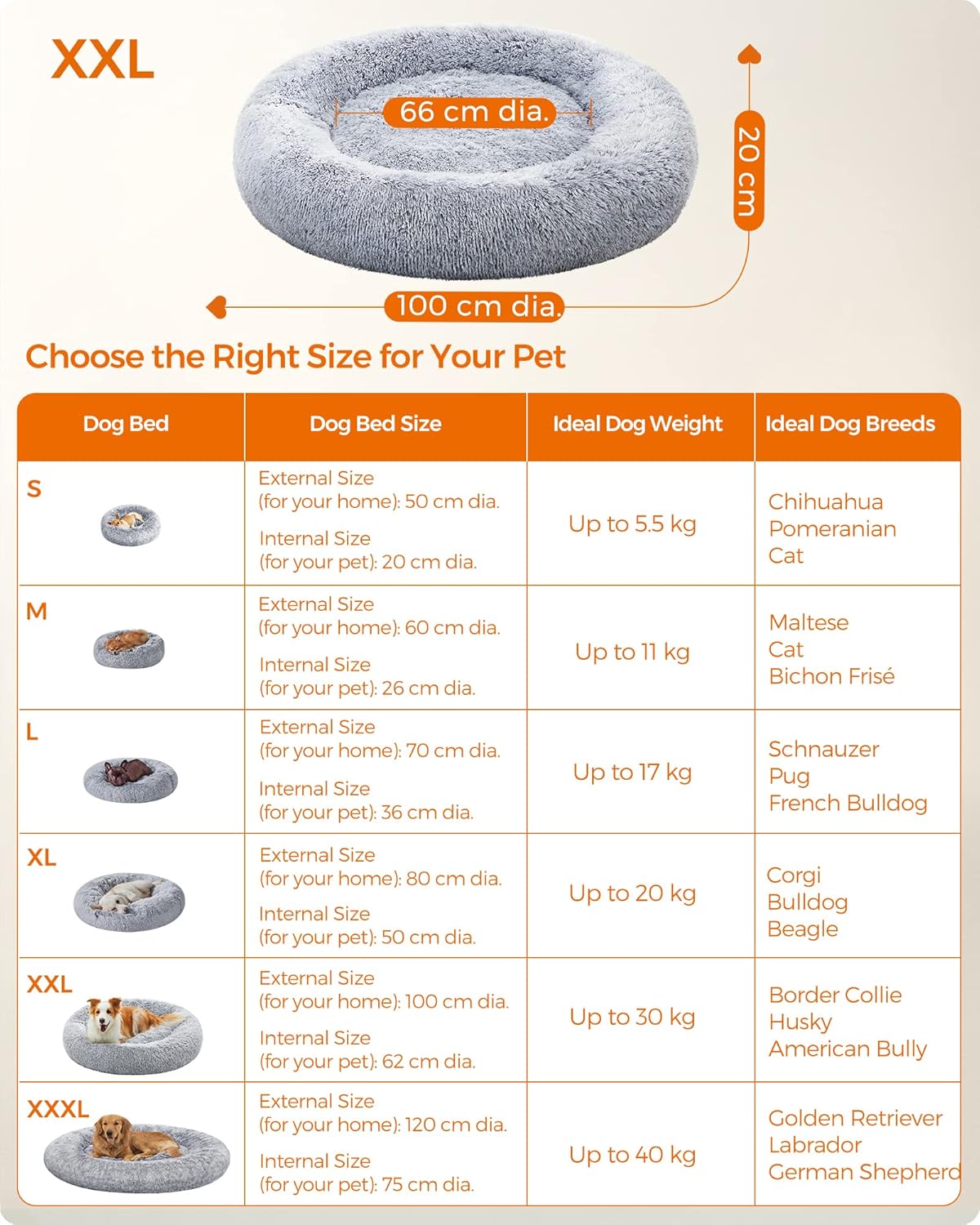 Feandrea Dog Bed, Donut Cat Bed, Fluffy Calming Pet Bed with Removable, Washable Cover, Soft Long Plush, 50 cm, Grey - Comfort Style