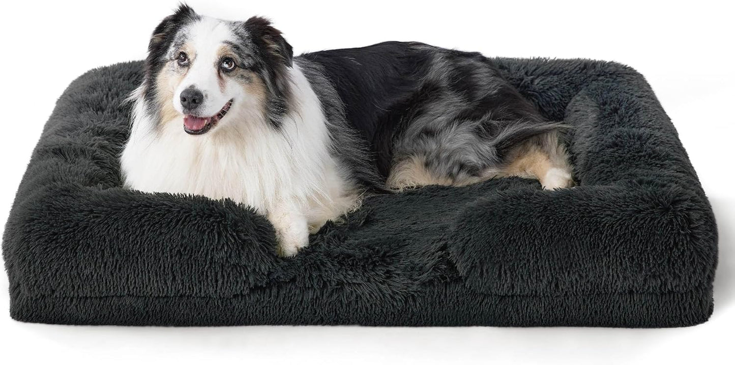Bedsure Large Dog Bed Sofa - Washable Orthopedic Dog Beds and Couch with Removable Flannel Cover, Waterproof Dog Pillow with U-Shape Bolster, Grey Squre Pet Bed, 89x63x16cm - Comfort Style