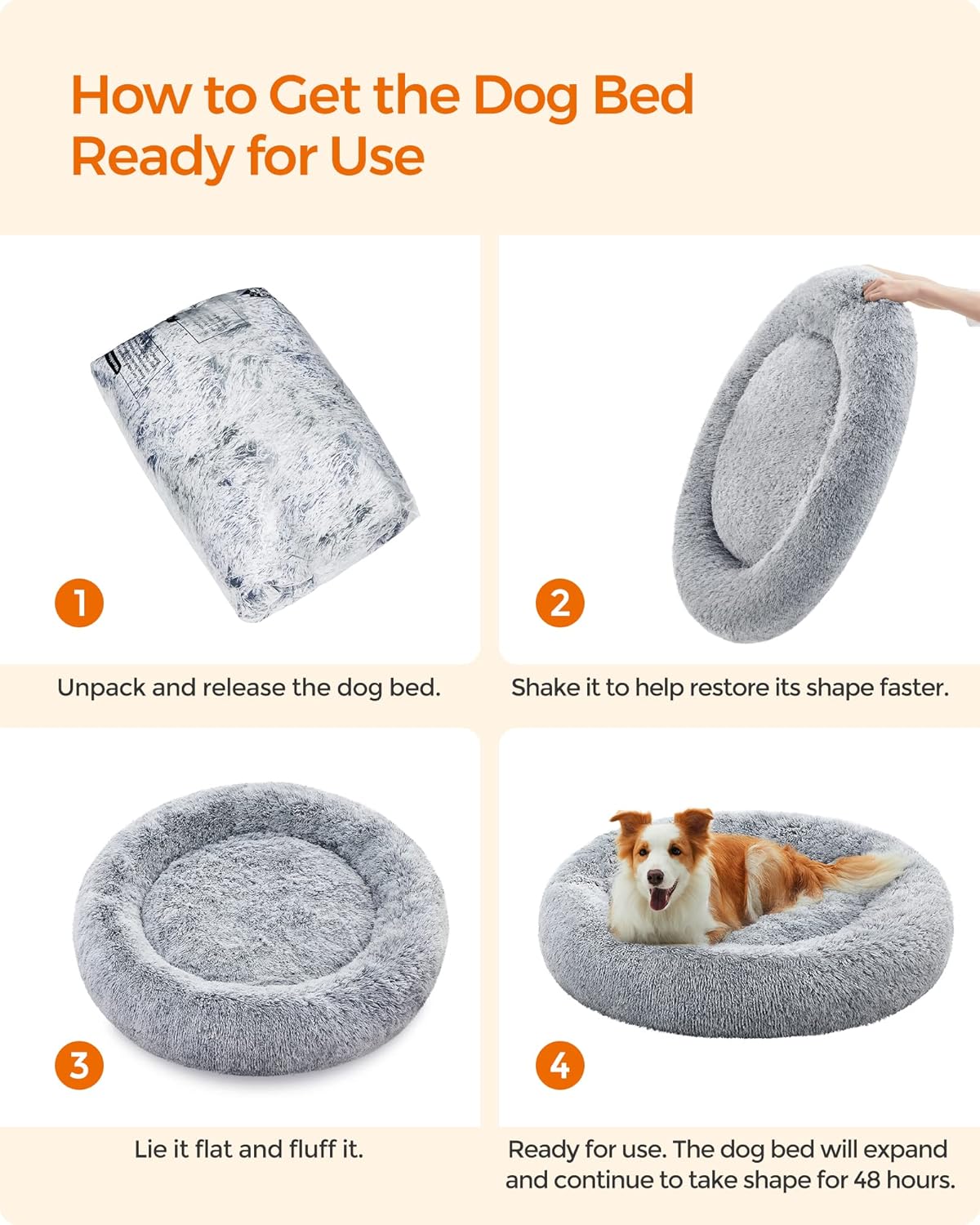 Feandrea Dog Bed, Donut Cat Bed, Fluffy Calming Pet Bed with Removable, Washable Cover, Soft Long Plush, 50 cm, Grey - Comfort Style