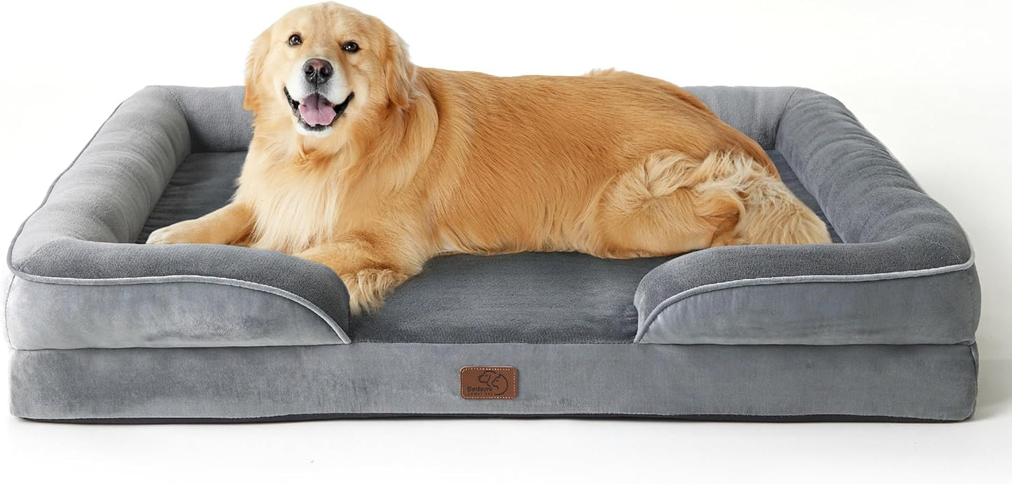 Bedsure Large Dog Bed Sofa - Washable Orthopedic Dog Beds and Couch with Removable Flannel Cover, Waterproof Dog Pillow with U-Shape Bolster, Grey Squre Pet Bed, 89x63x16cm - Comfort Style