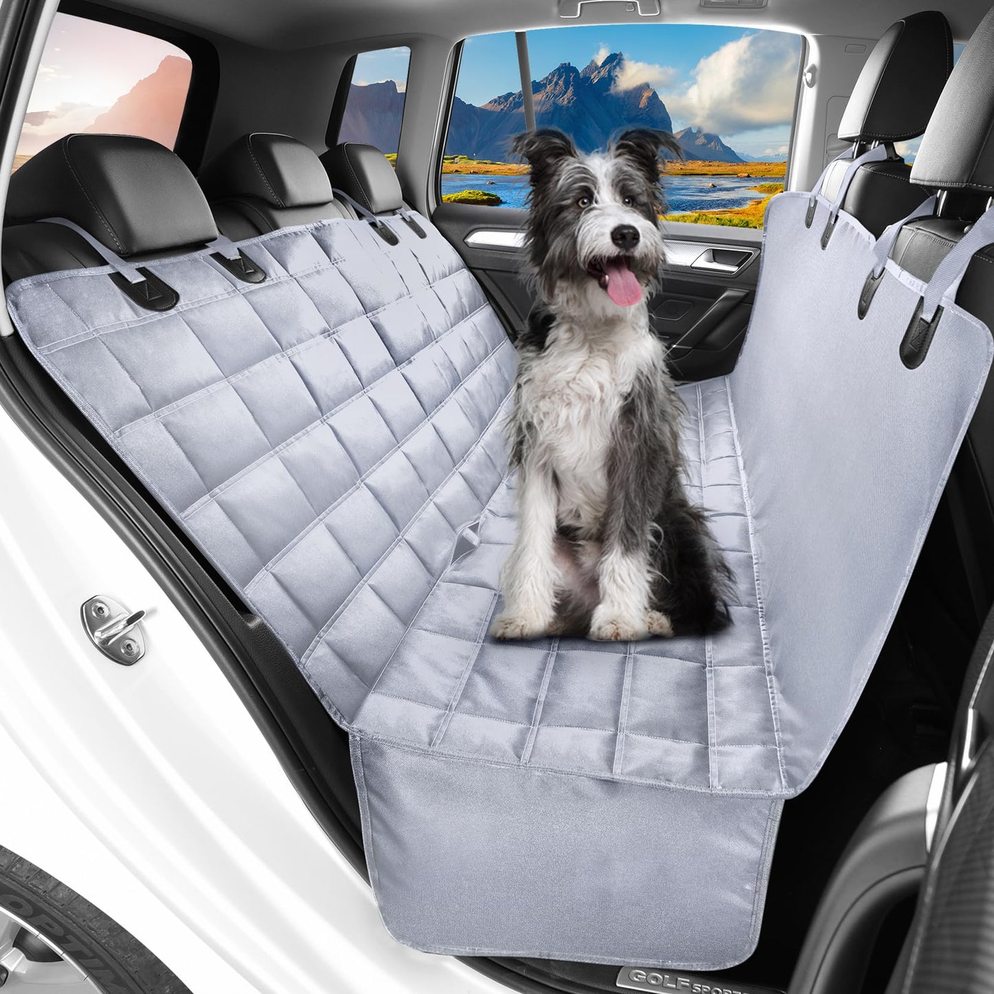 Hopidogie Dog Car Seat Cover 4-in-1, 100% Waterproof Dog Hammock for Car Back Seat, Scratchproof Nonslip Back Bench Cover for Pets Machine Washable Durable Universal fits Trucks SUV
