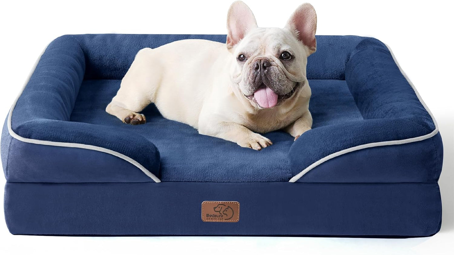 Bedsure Large Dog Bed Sofa - Washable Orthopedic Dog Beds and Couch with Removable Flannel Cover, Waterproof Dog Pillow with U-Shape Bolster, Grey Squre Pet Bed, 89x63x16cm - Comfort Style