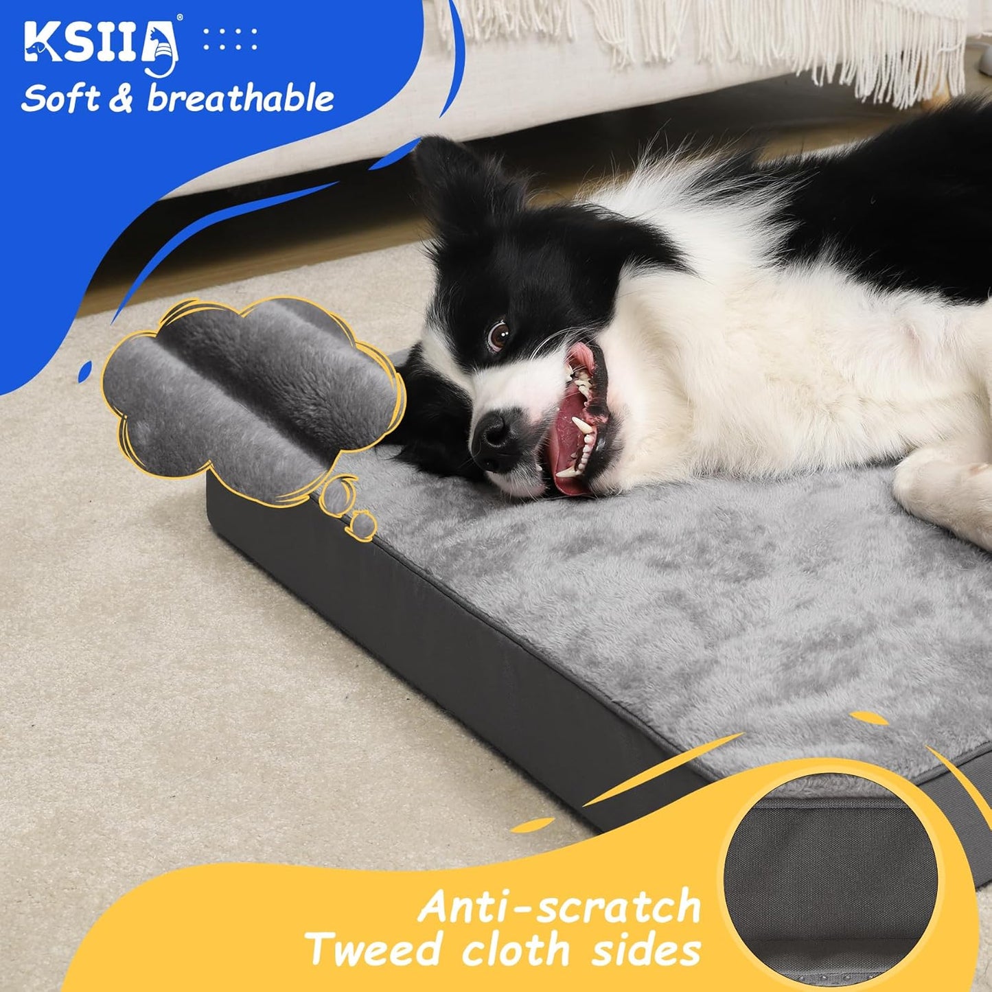 KSIIA Dog Beds Large Washable, Orthopedic Dog Crate Beds with Waterproof Removable Cover, Flat Dog Mattress Non skid Bottom, Pet Beds for Dogs, Grey, 88x55x7cm - Comfort Style