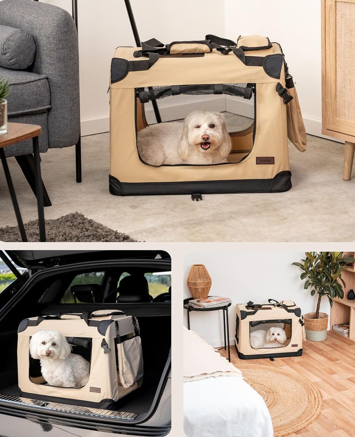lionto Dog transport box foldable for travel & car, 50x34x36 cm, sturdy transport box with carrying handles & blanket for cats & dogs up to 10 kg, sturdy fabric dog box for small & large, beige - Comfort Style