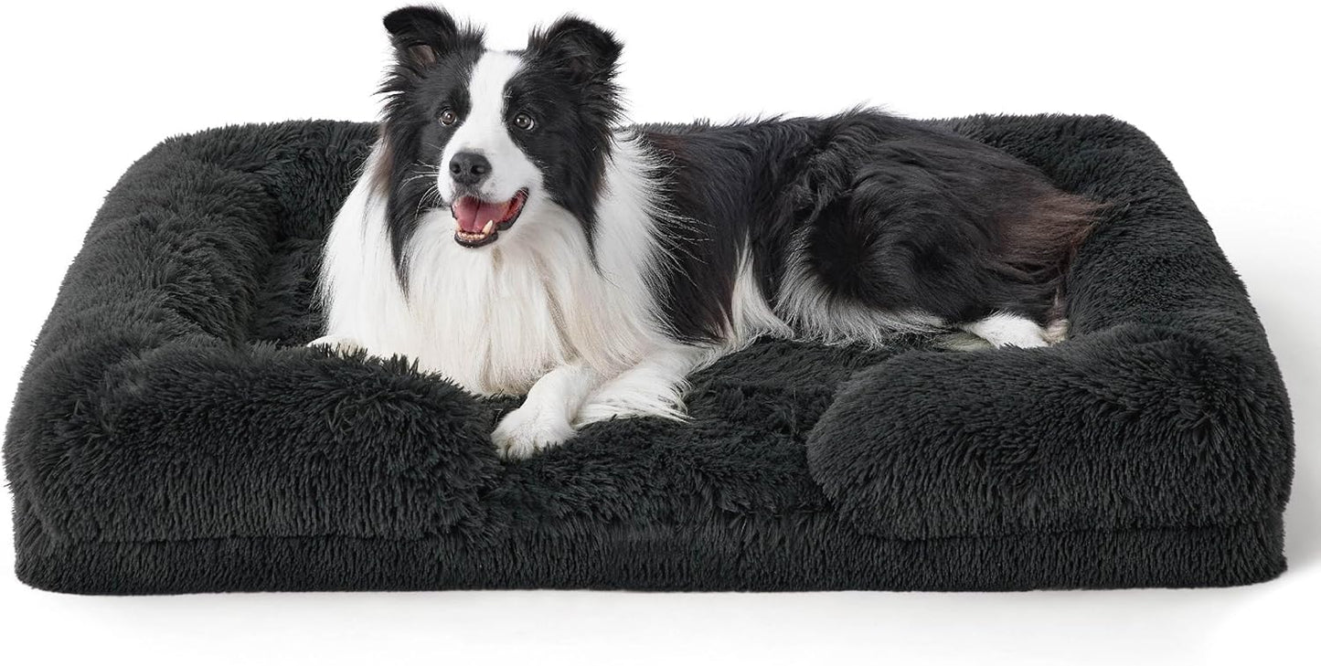Bedsure Large Dog Bed Sofa - Washable Orthopedic Dog Beds and Couch with Removable Flannel Cover, Waterproof Dog Pillow with U-Shape Bolster, Grey Squre Pet Bed, 89x63x16cm - Comfort Style