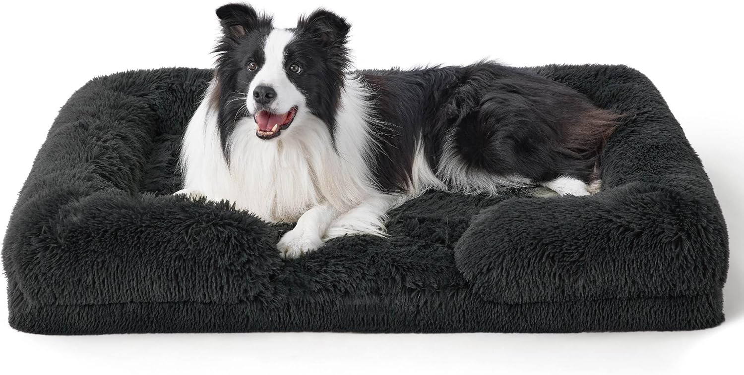 Bedsure Large Dog Bed Sofa - Washable Orthopedic Dog Beds and Couch with Removable Flannel Cover, Waterproof Dog Pillow with U-Shape Bolster, Grey Squre Pet Bed, 89x63x16cm - Comfort Style