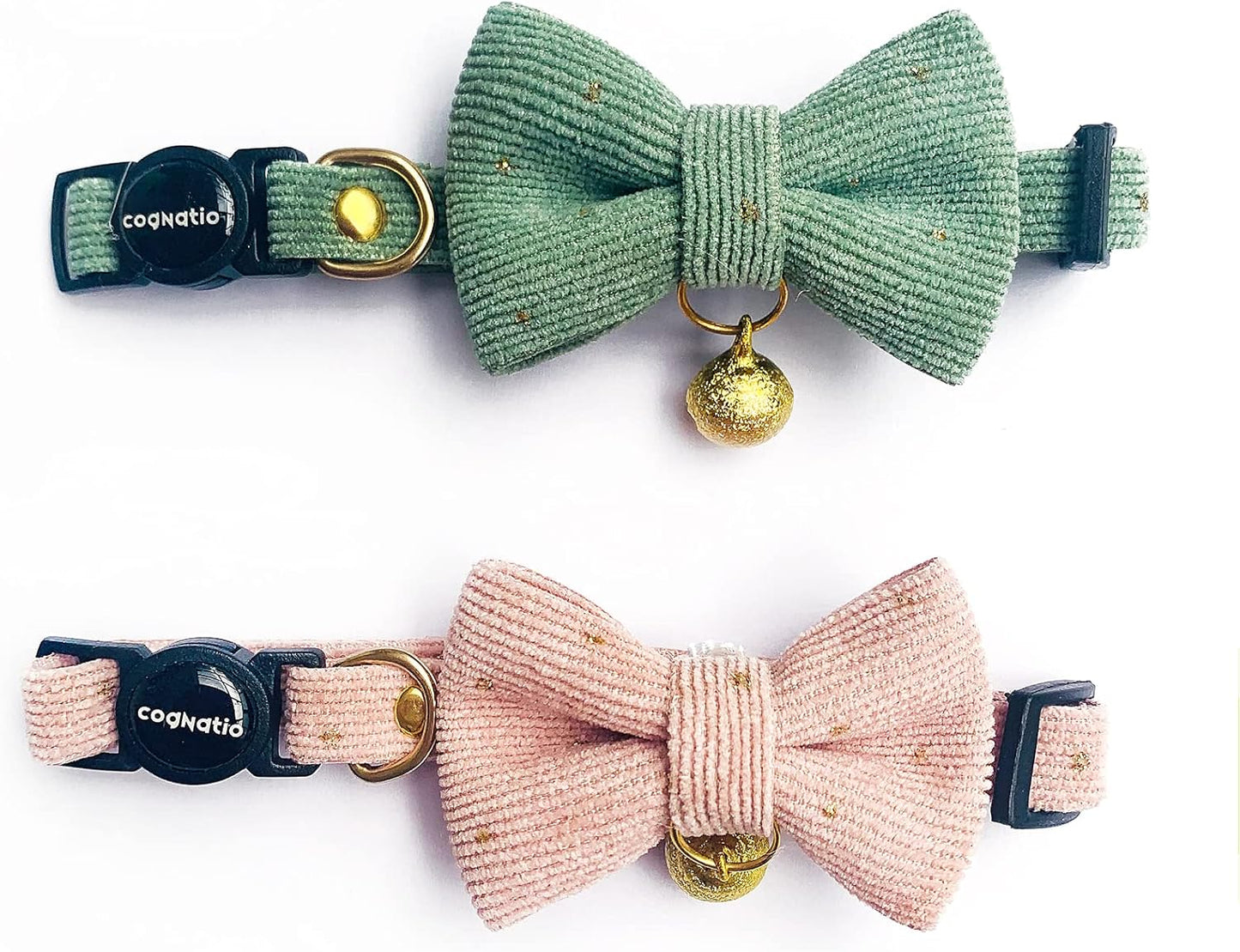 Cognatio Safety Quick Release Cat Collars, Soft Kitten Collars with Detachable Bow Tie and Bell, Pack of 2, Adjustable 20-30 cm (20-30 cm, Green+Pink) - Comfort Style