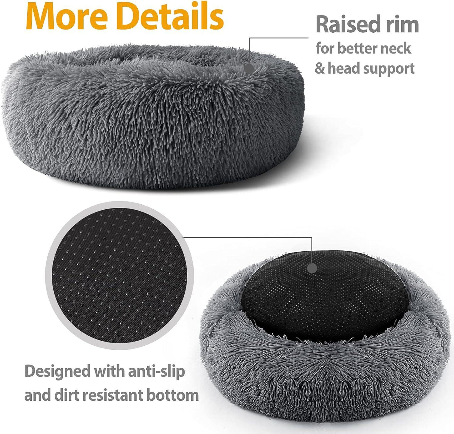 Enjamoy Plush Donut Dog Bed, Calming Round Dog Cat Bed Soft and Fluffy Cuddler Pet Cushion Self-Warming Puppy Beds Machine Washable, Grey 50cm - Comfort Style