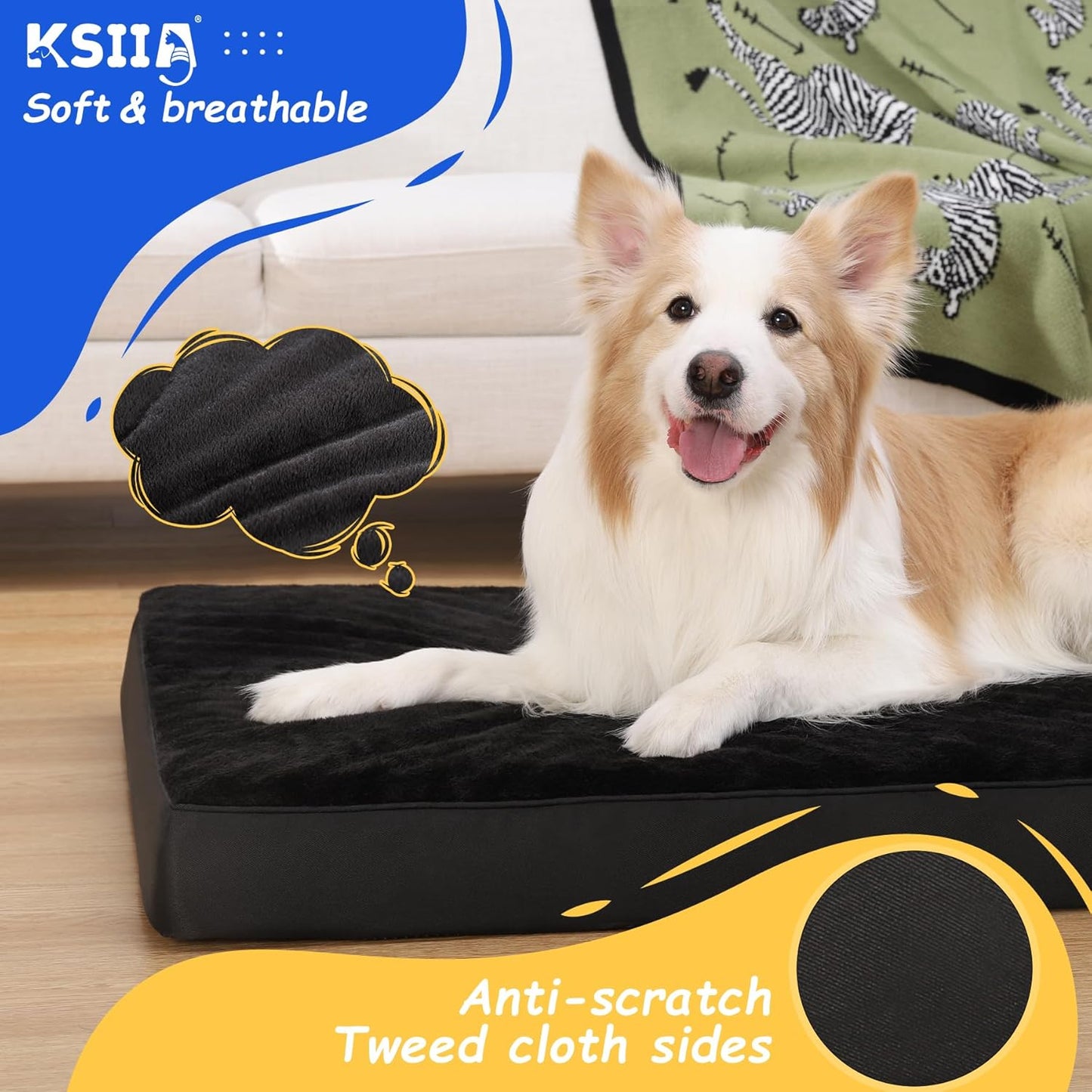 KSIIA Dog Beds Large Washable, Orthopedic Dog Crate Beds with Waterproof Removable Cover, Flat Dog Mattress Non skid Bottom, Pet Beds for Dogs, Grey, 88x55x7cm - Comfort Style