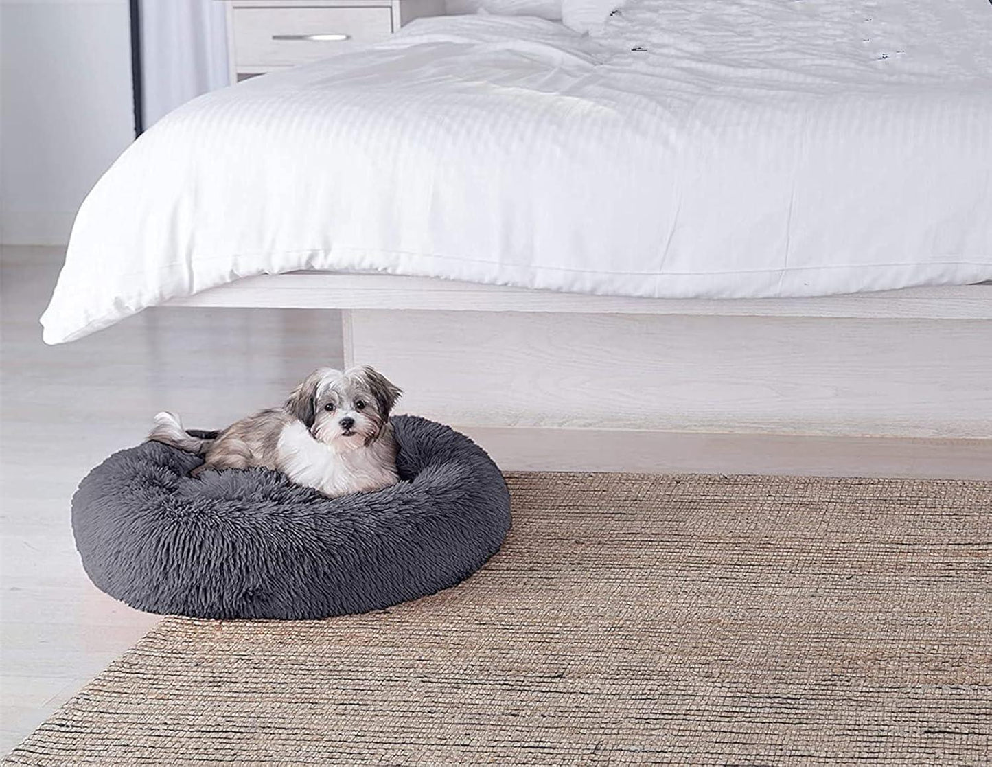 Enjamoy Plush Donut Dog Bed, Calming Round Dog Cat Bed Soft and Fluffy Cuddler Pet Cushion Self-Warming Puppy Beds Machine Washable, Grey 50cm - Comfort Style