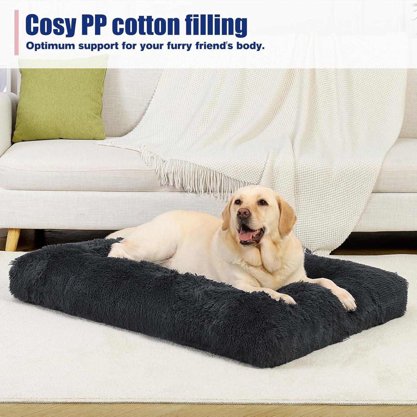 KSIIA Large Dog Bed Washable, Calming Dog Bed, Dog Crate Mattress with Non skid Bottom, Fluffy Anti Anxiety Dog Beds, Pet Beds Pillow Cushion for Dog, Dark Grey, 90x60x8cm - Comfort Style