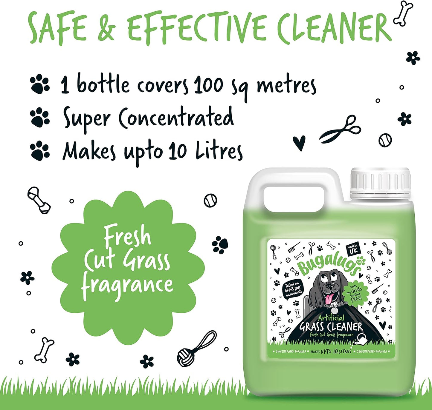 BUGALUGS Artificial Grass Cleaner - Dog Safe, Pet Disinfectant & Lawn Deodoriser - Puppy Urine Cleaner & Odour Eliminator - 1L Super Concentrate - Made in UK Cruelty Free (Fresh Cut Grass 1L)