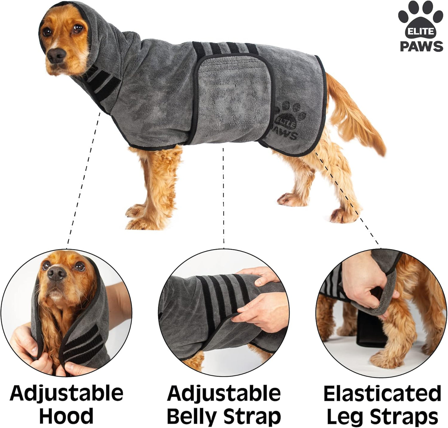 Elite Paws® UK: Luxury Dog Drying Coat, Thicker & Softer Than Most Bath Robes, Dries Pets in About 20-30 Mins, Super Absorbent Microfibre, Limits Mess, Covers Ears, All-Season Dressing Gown Towel, M - Comfort Style