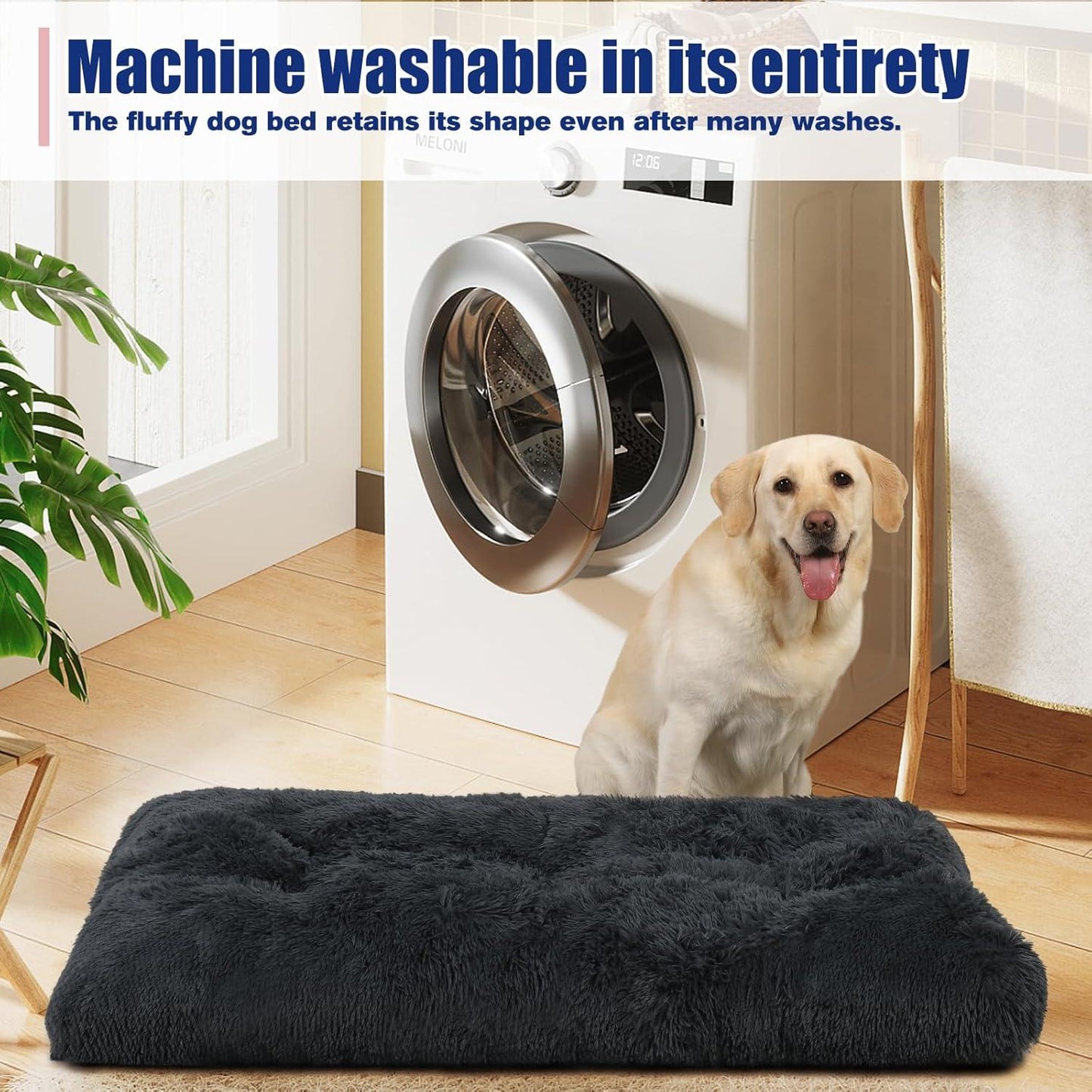 KSIIA Large Dog Bed Washable, Calming Dog Bed, Dog Crate Mattress with Non skid Bottom, Fluffy Anti Anxiety Dog Beds, Pet Beds Pillow Cushion for Dog, Dark Grey, 90x60x8cm - Comfort Style