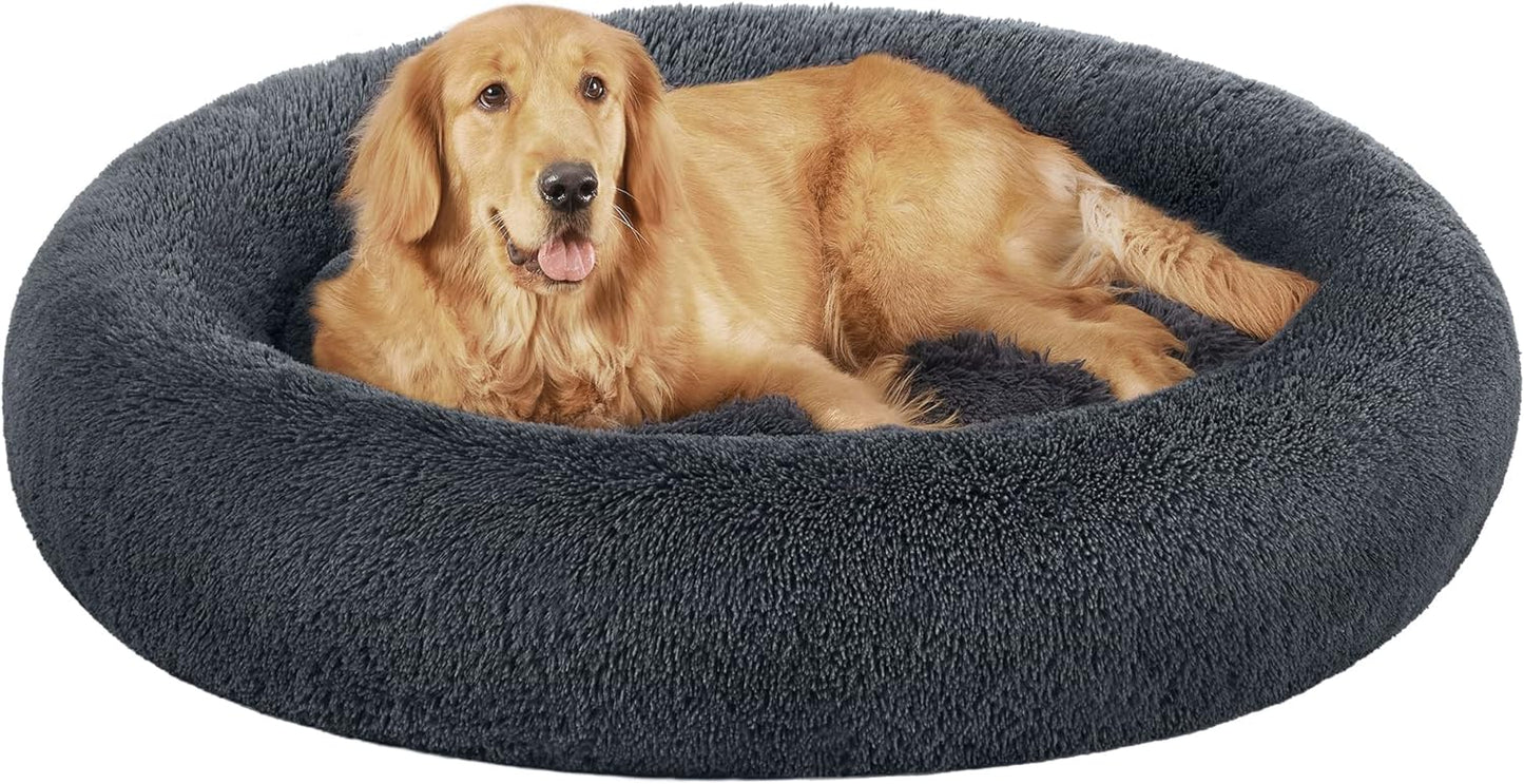 Feandrea Dog Bed, Donut Cat Bed, Fluffy Calming Pet Bed with Removable, Washable Cover, Soft Long Plush, 50 cm, Grey - Comfort Style