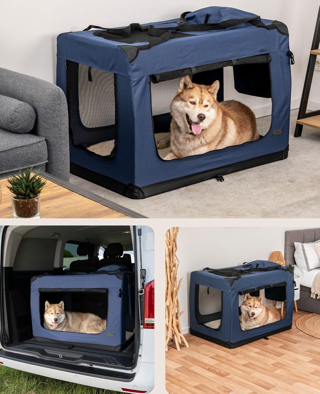 lionto Dog transport box foldable for travel & car, 50x34x36 cm, sturdy transport box with carrying handles & blanket for cats & dogs up to 10 kg, sturdy fabric dog box for small & large, beige - Comfort Style