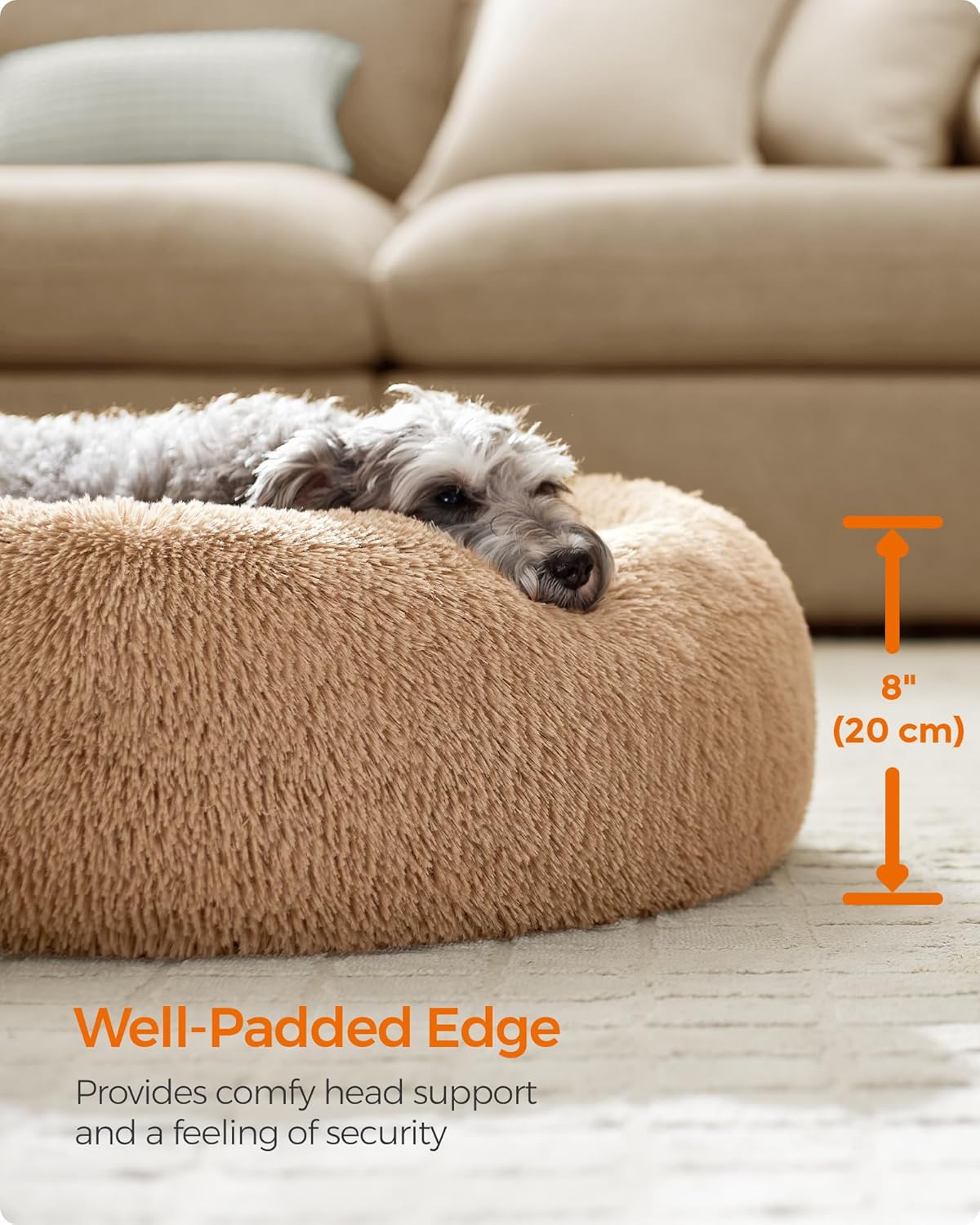 Feandrea Dog Bed, Donut Cat Bed, Fluffy Calming Pet Bed with Removable, Washable Cover, Soft Long Plush, 50 cm, Grey - Comfort Style
