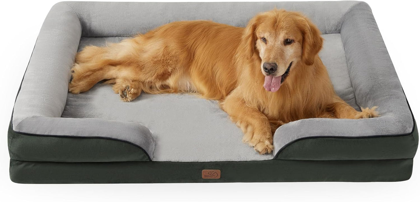 Bedsure Large Dog Bed Sofa - Washable Orthopedic Dog Beds and Couch with Removable Flannel Cover, Waterproof Dog Pillow with U-Shape Bolster, Grey Squre Pet Bed, 89x63x16cm - Comfort Style