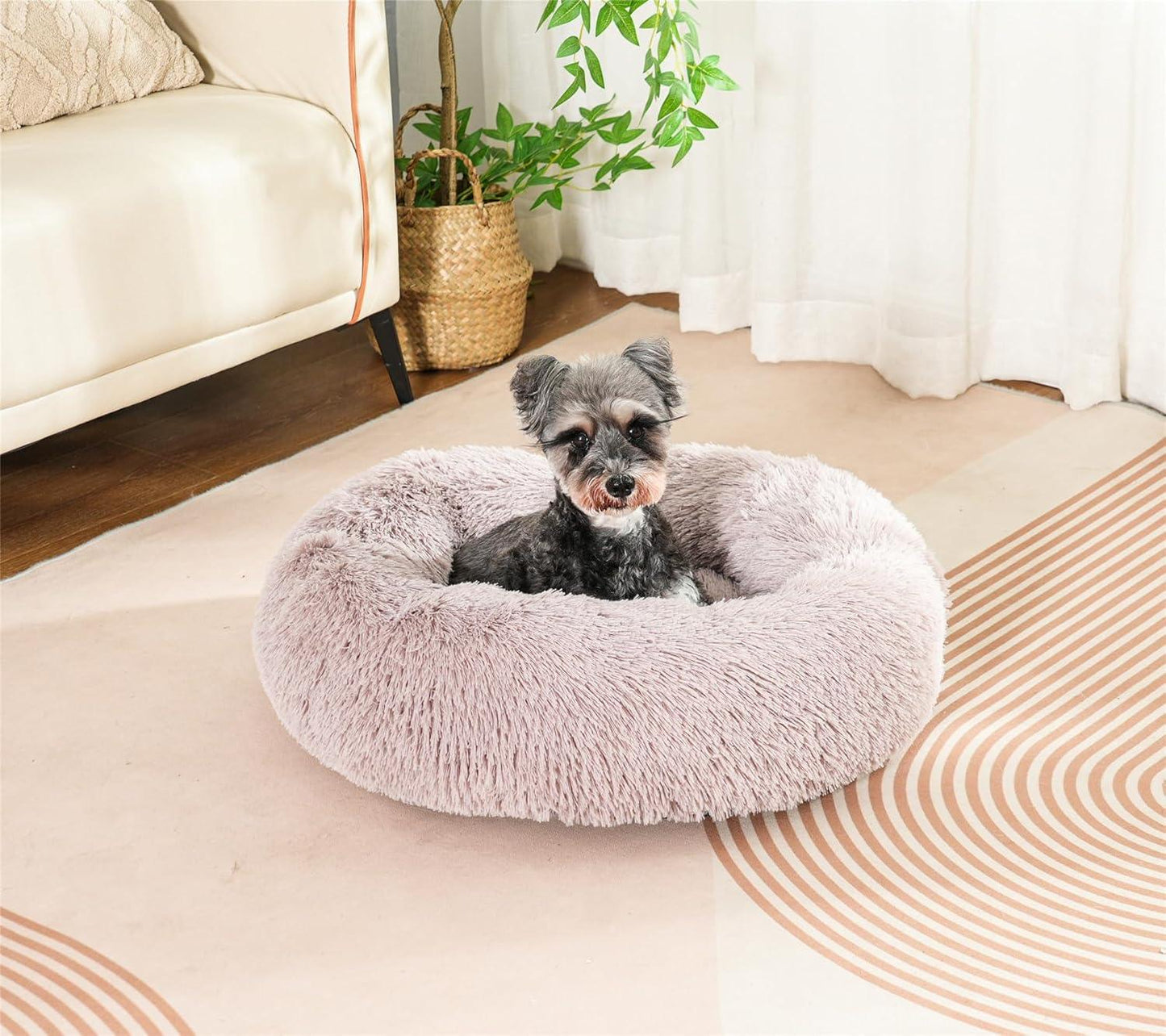 Enjamoy Plush Donut Dog Bed, Calming Round Dog Cat Bed Soft and Fluffy Cuddler Pet Cushion Self-Warming Puppy Beds Machine Washable, Grey 50cm - Comfort Style