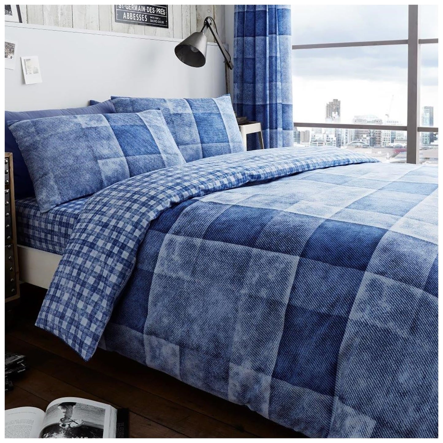 Gaveno Cavailia Luxury DENIM CHECK Bed Set with Duvet Cover and Pillow Cases, Polyester-Cotton - Comfort Style