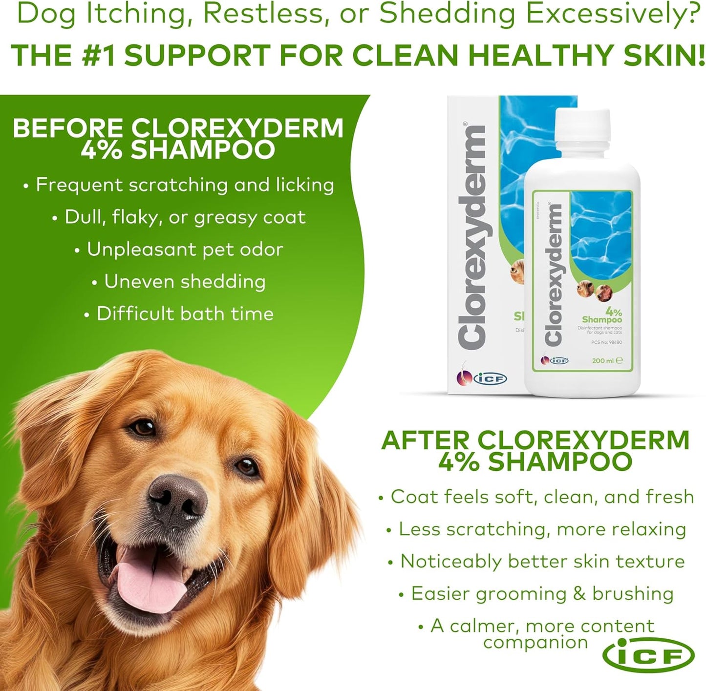 ICF | Clorexyderm 4% Dog Shampoo for Itchy Skin Relief | Anti Itch + Antifungal + Antibacterial Shampoo for Pets with Sensitive Skin 200ml