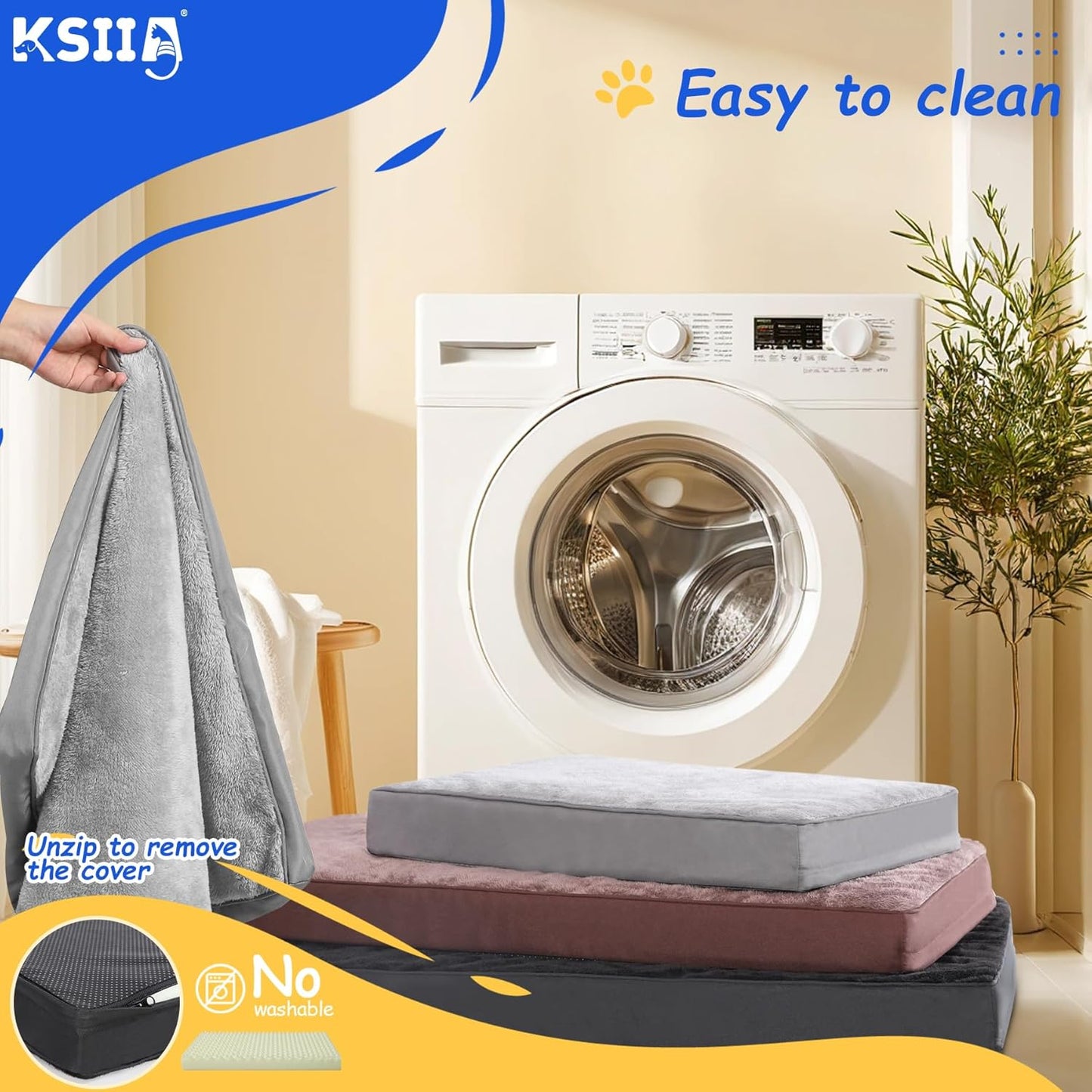 KSIIA Dog Beds Large Washable, Orthopedic Dog Crate Beds with Waterproof Removable Cover, Flat Dog Mattress Non skid Bottom, Pet Beds for Dogs, Grey, 88x55x7cm - Comfort Style