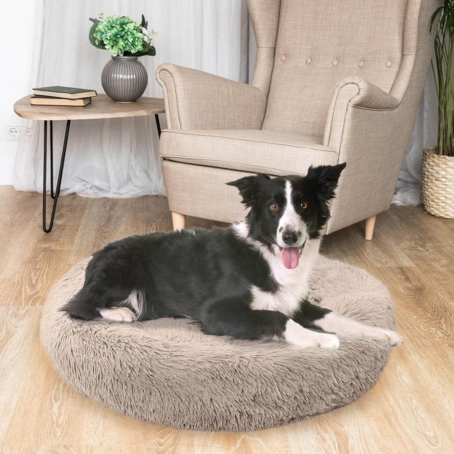 Enjamoy Plush Donut Dog Bed, Calming Round Dog Cat Bed Soft and Fluffy Cuddler Pet Cushion Self-Warming Puppy Beds Machine Washable, Grey 50cm - Comfort Style
