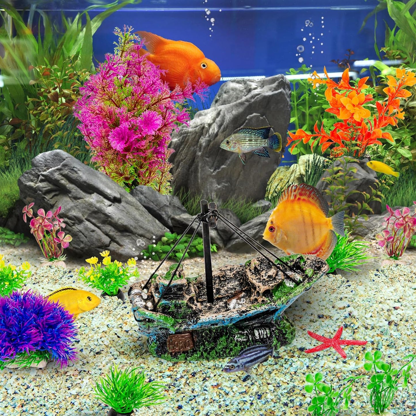 M PELOSA Fish Tank Accessories β 13 Faux Aquarium Plants and Resin Shipwreck β Colourful β Safe for Fish β Easy to Clean Fish Tank Decorations - Comfort Style
