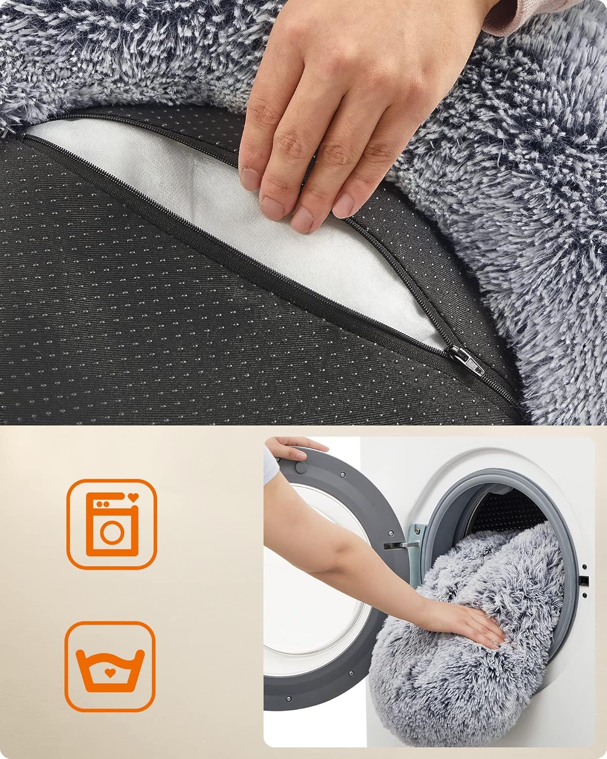 Feandrea Dog Bed, Donut Cat Bed, Fluffy Calming Pet Bed with Removable, Washable Cover, Soft Long Plush, 50 cm, Grey - Comfort Style