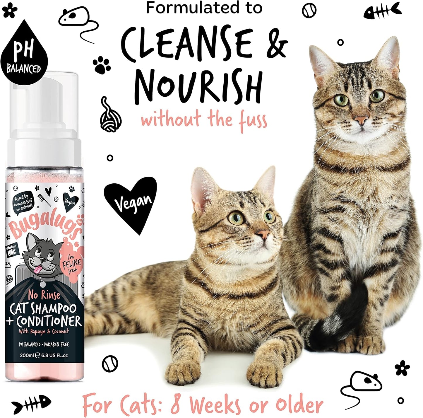 Bugalugs No Rinse Cat Shampoo & Conditioner with Papaya & Coconut. Brush through, no rinse shampoo & conditioner for cats and kittens. Foam action grooming dry shampoo kitten (No Rinse Shampoo) - Comfort Style
