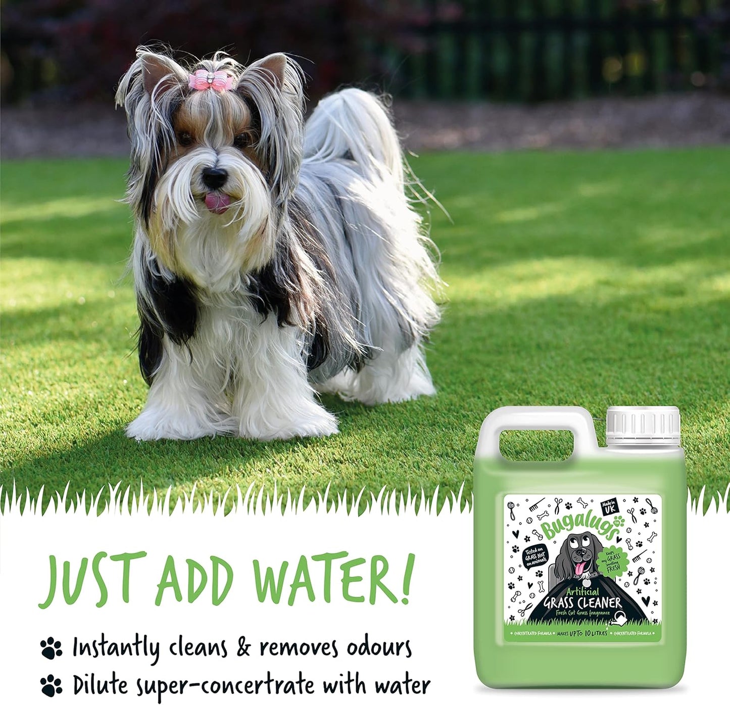 BUGALUGS Artificial Grass Cleaner - Dog Safe, Pet Disinfectant & Lawn Deodoriser - Puppy Urine Cleaner & Odour Eliminator - 1L Super Concentrate - Made in UK Cruelty Free (Fresh Cut Grass 1L)