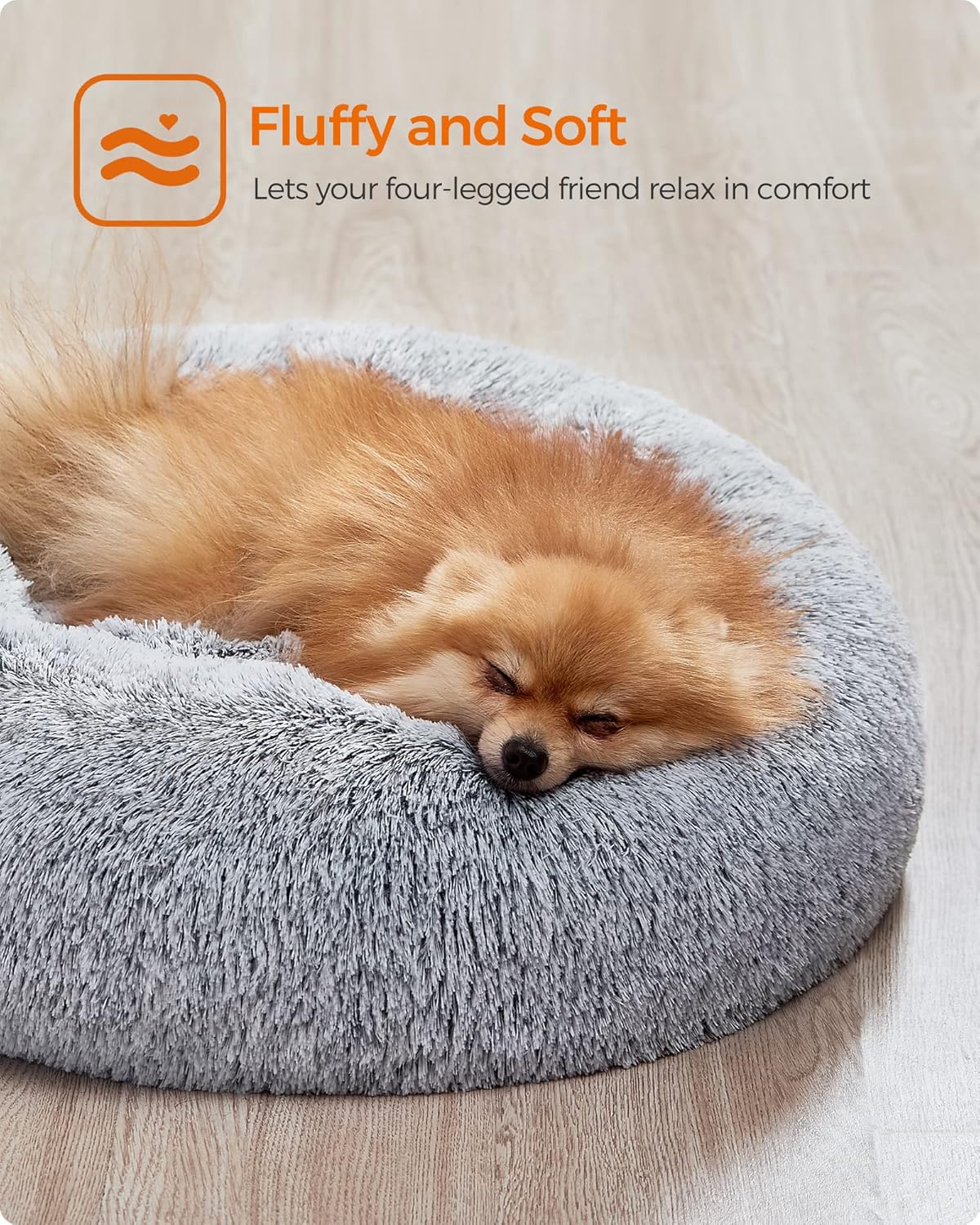 Feandrea Dog Bed, Donut Cat Bed, Fluffy Calming Pet Bed with Removable, Washable Cover, Soft Long Plush, 50 cm, Grey - Comfort Style