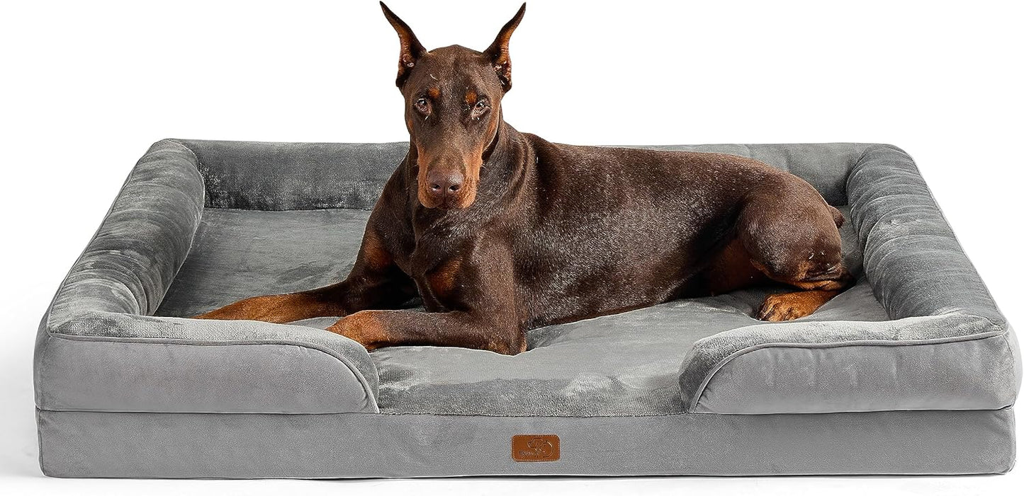 Bedsure Large Dog Bed Sofa - Washable Orthopedic Dog Beds and Couch with Removable Flannel Cover, Waterproof Dog Pillow with U-Shape Bolster, Grey Squre Pet Bed, 89x63x16cm - Comfort Style