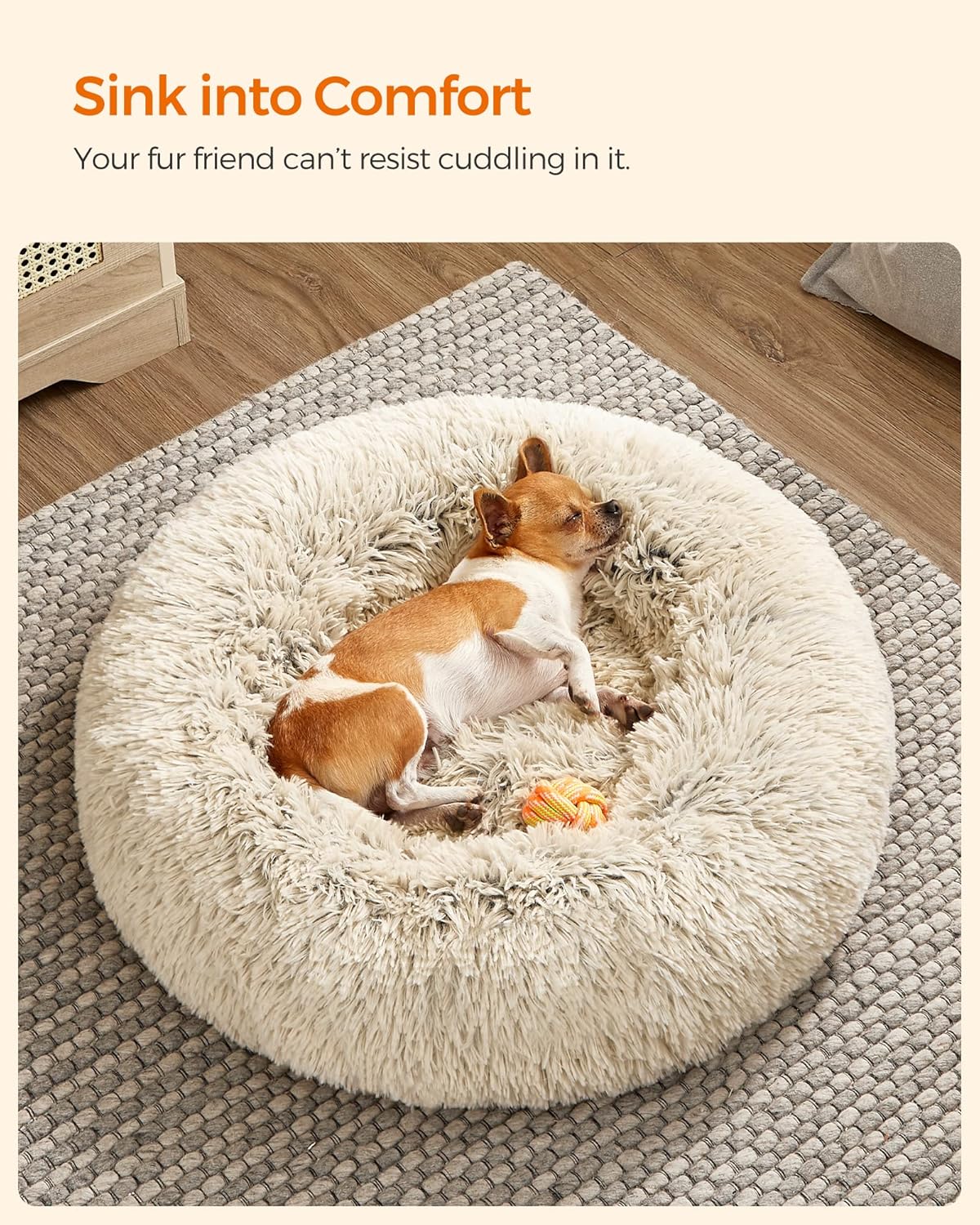 Feandrea Dog Bed, Donut Cat Bed, Fluffy Calming Pet Bed with Removable, Washable Cover, Soft Long Plush, 50 cm, Grey - Comfort Style
