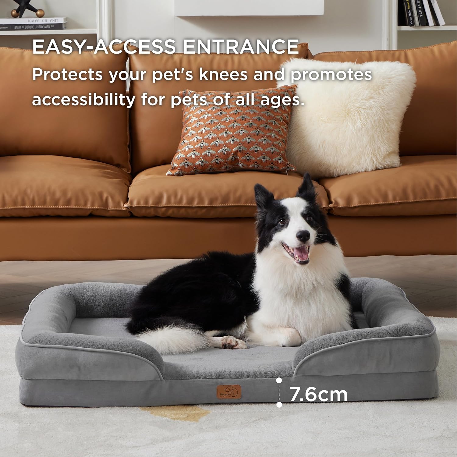 Bedsure Large Dog Bed Sofa - Washable Orthopedic Dog Beds and Couch with Removable Flannel Cover, Waterproof Dog Pillow with U-Shape Bolster, Grey Squre Pet Bed, 89x63x16cm - Comfort Style
