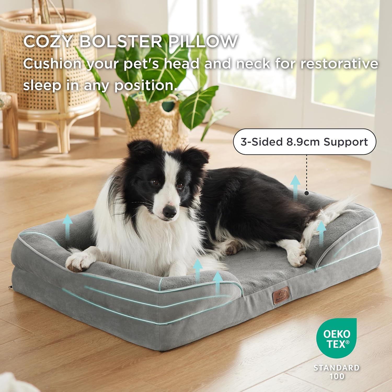 Bedsure Large Dog Bed Sofa - Washable Orthopedic Dog Beds and Couch with Removable Flannel Cover, Waterproof Dog Pillow with U-Shape Bolster, Grey Squre Pet Bed, 89x63x16cm - Comfort Style